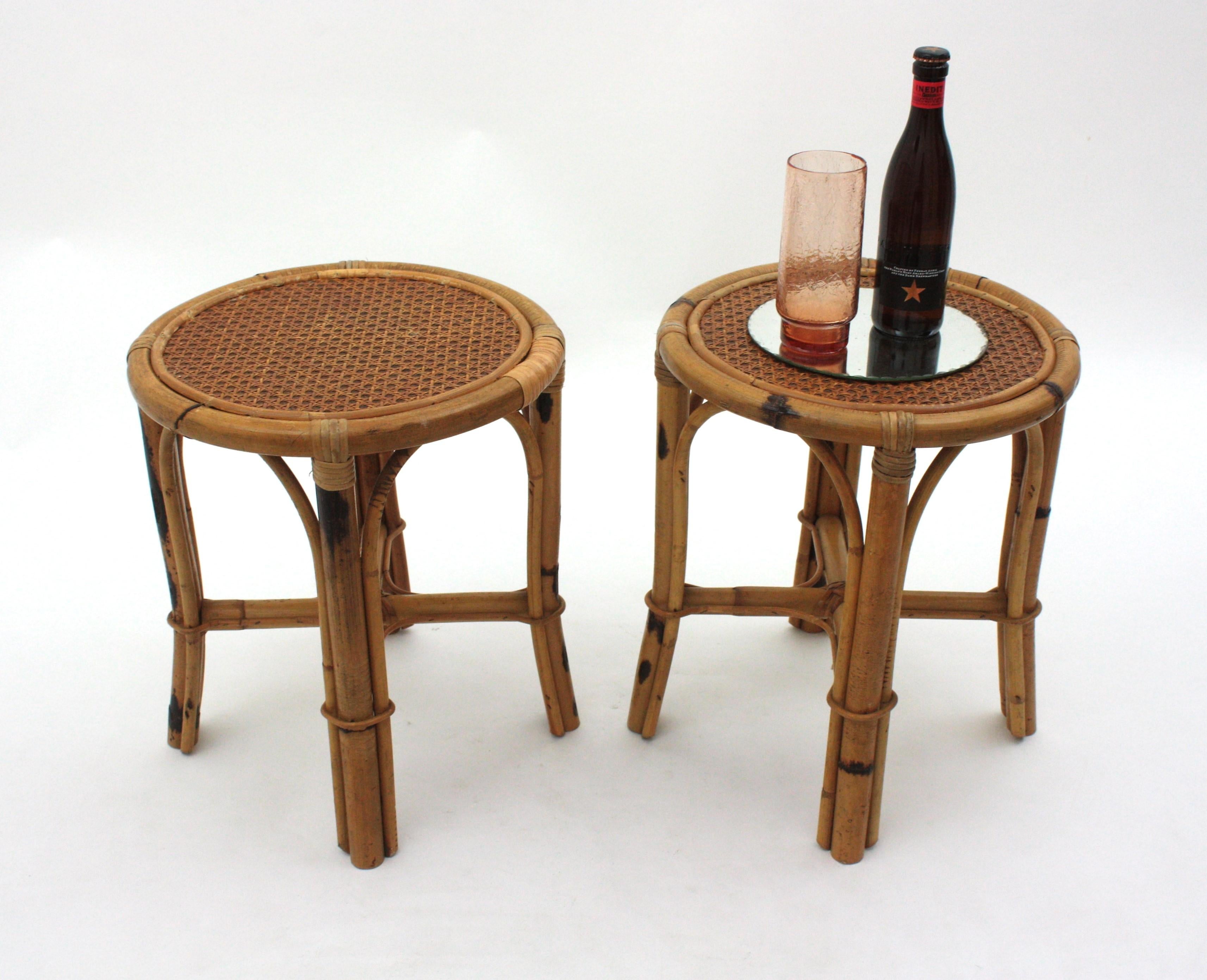 Pair of Spanish Round Stools / Side Tables in Rattan with Cane Top, 1950s For Sale 9