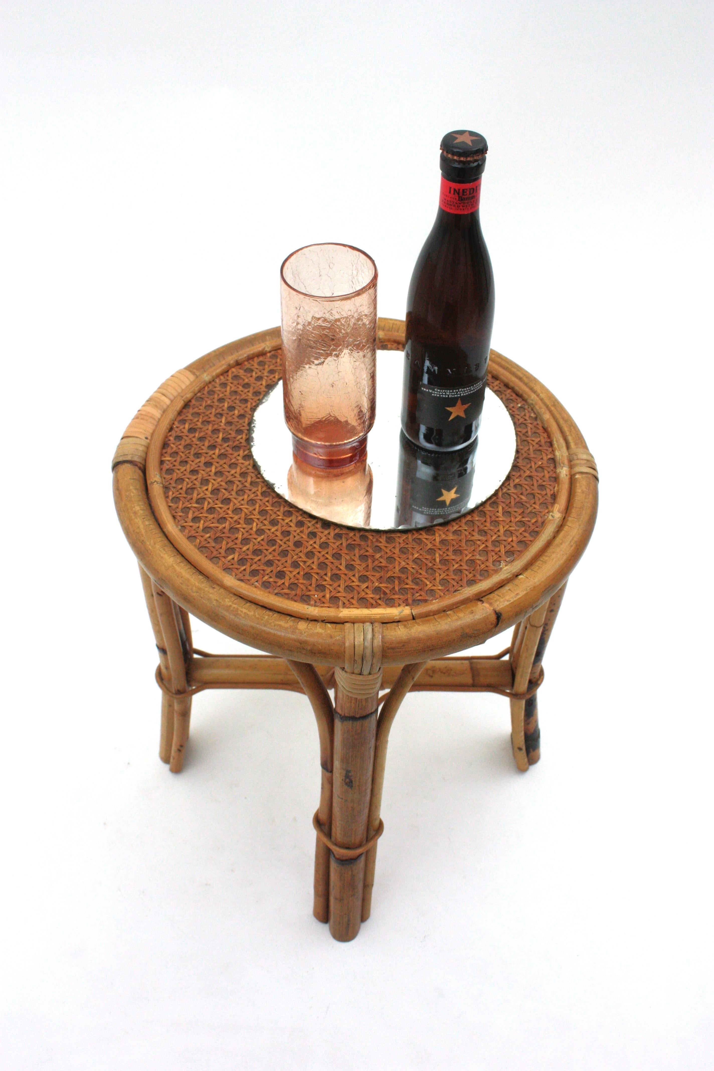 Pair of Spanish Round Stools / Side Tables in Rattan with Cane Top, 1950s For Sale 10