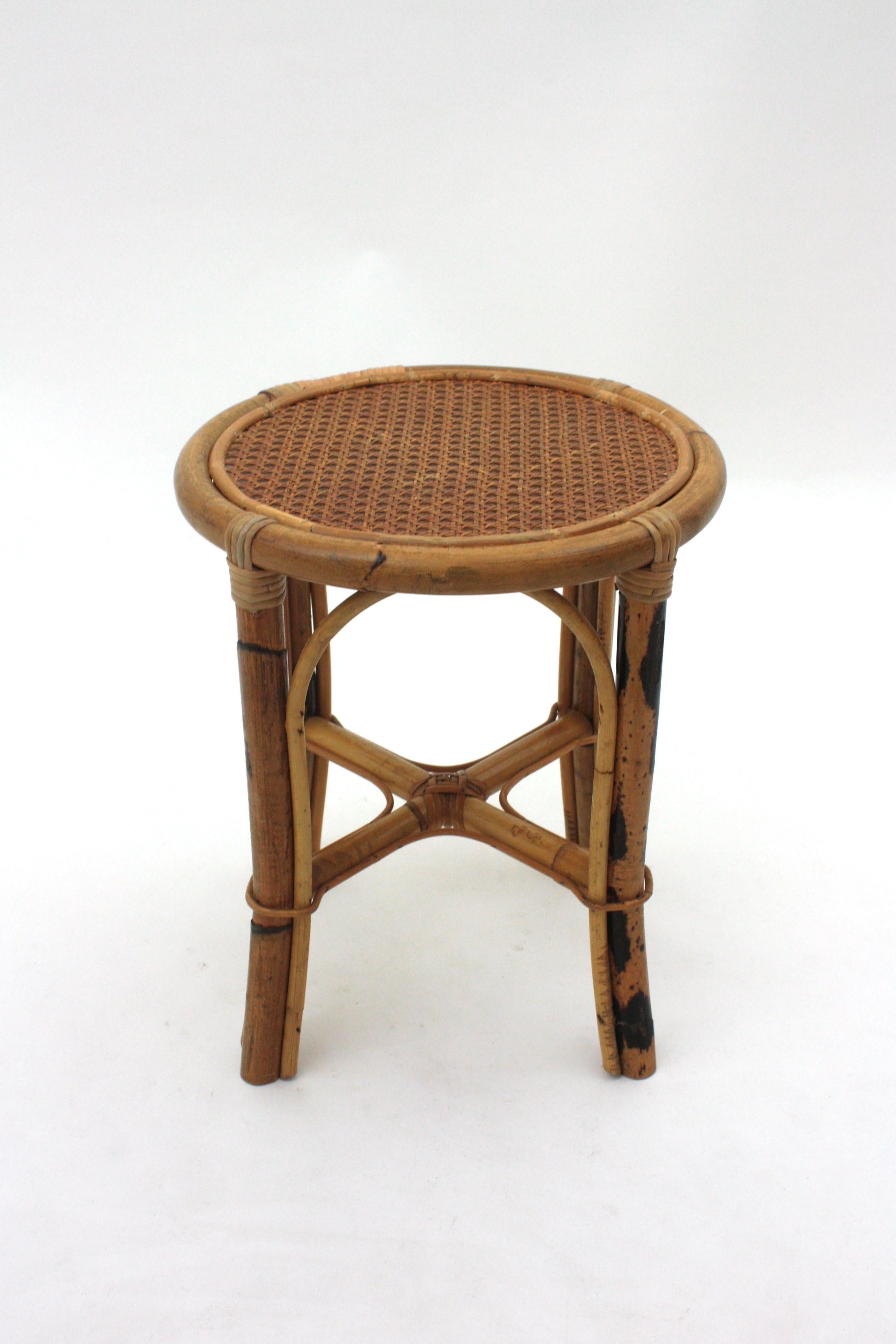 Pair of Spanish Round Stools / Side Tables in Rattan with Cane Top, 1950s For Sale 11