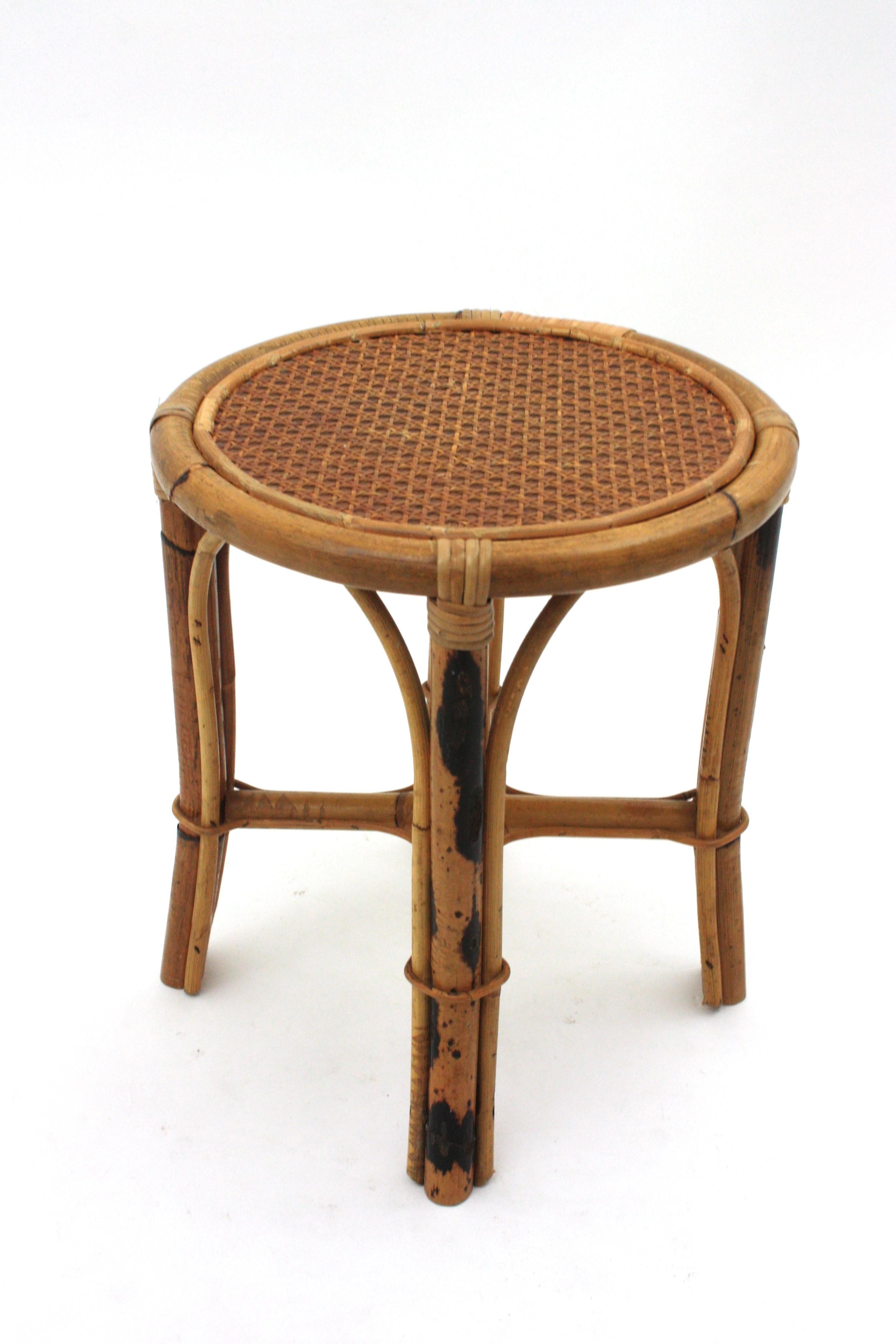 Pair of Spanish Round Stools / Side Tables in Rattan with Cane Top, 1950s For Sale 12
