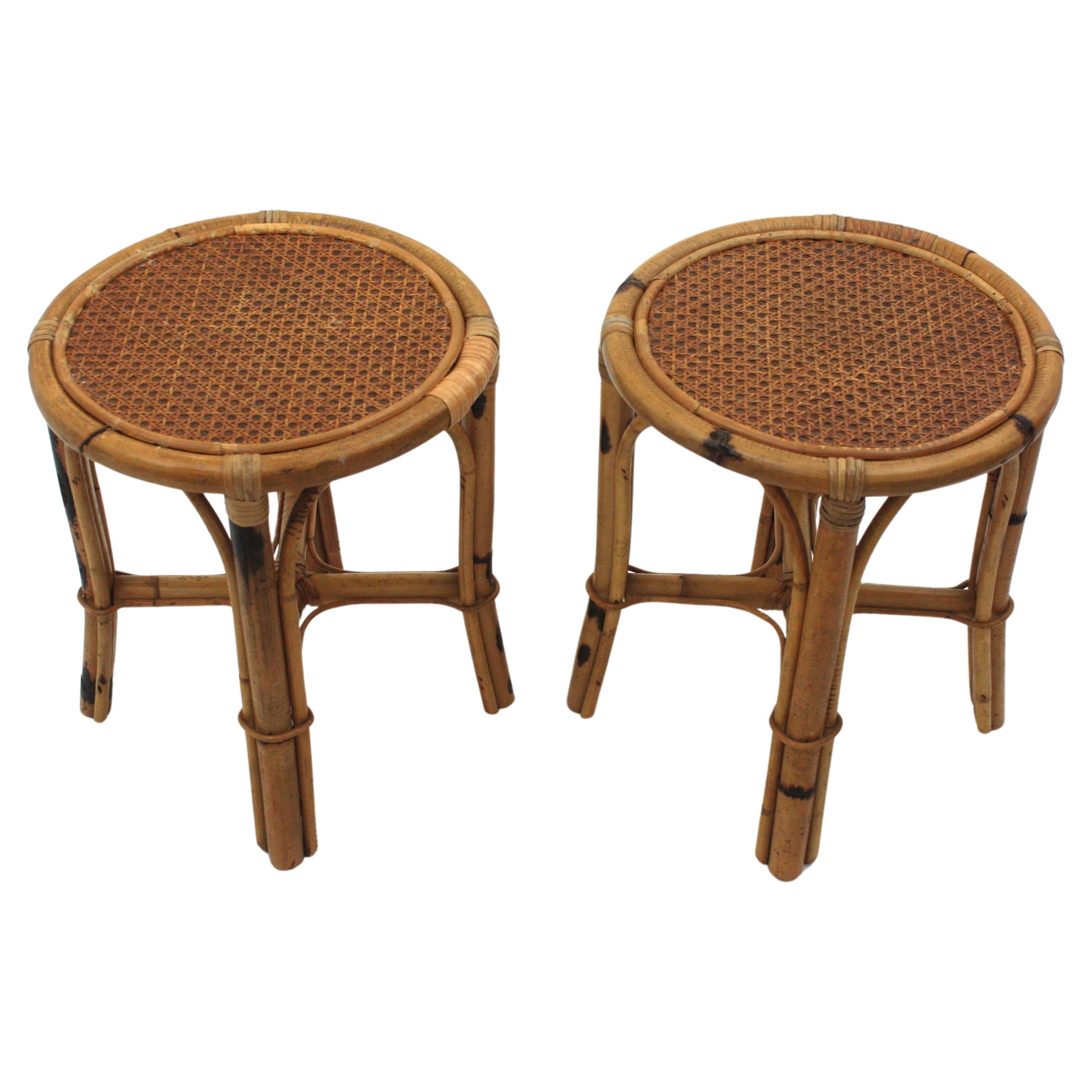 Mid-Century Modern Pair of Spanish Round Stools / Side Tables in Rattan with Cane Top, 1950s For Sale