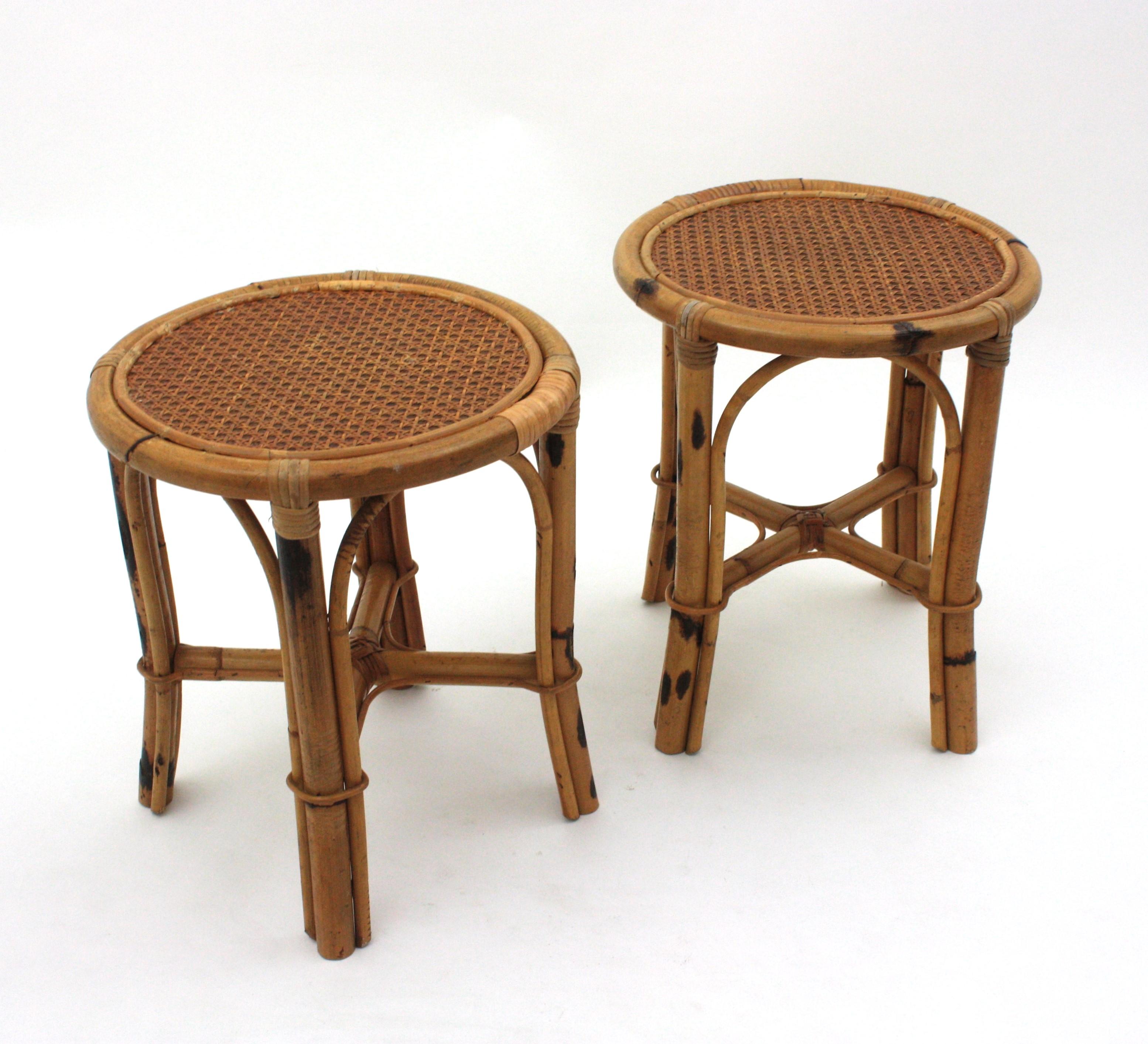 Bamboo Pair of Spanish Round Stools / Side Tables in Rattan with Cane Top, 1950s For Sale