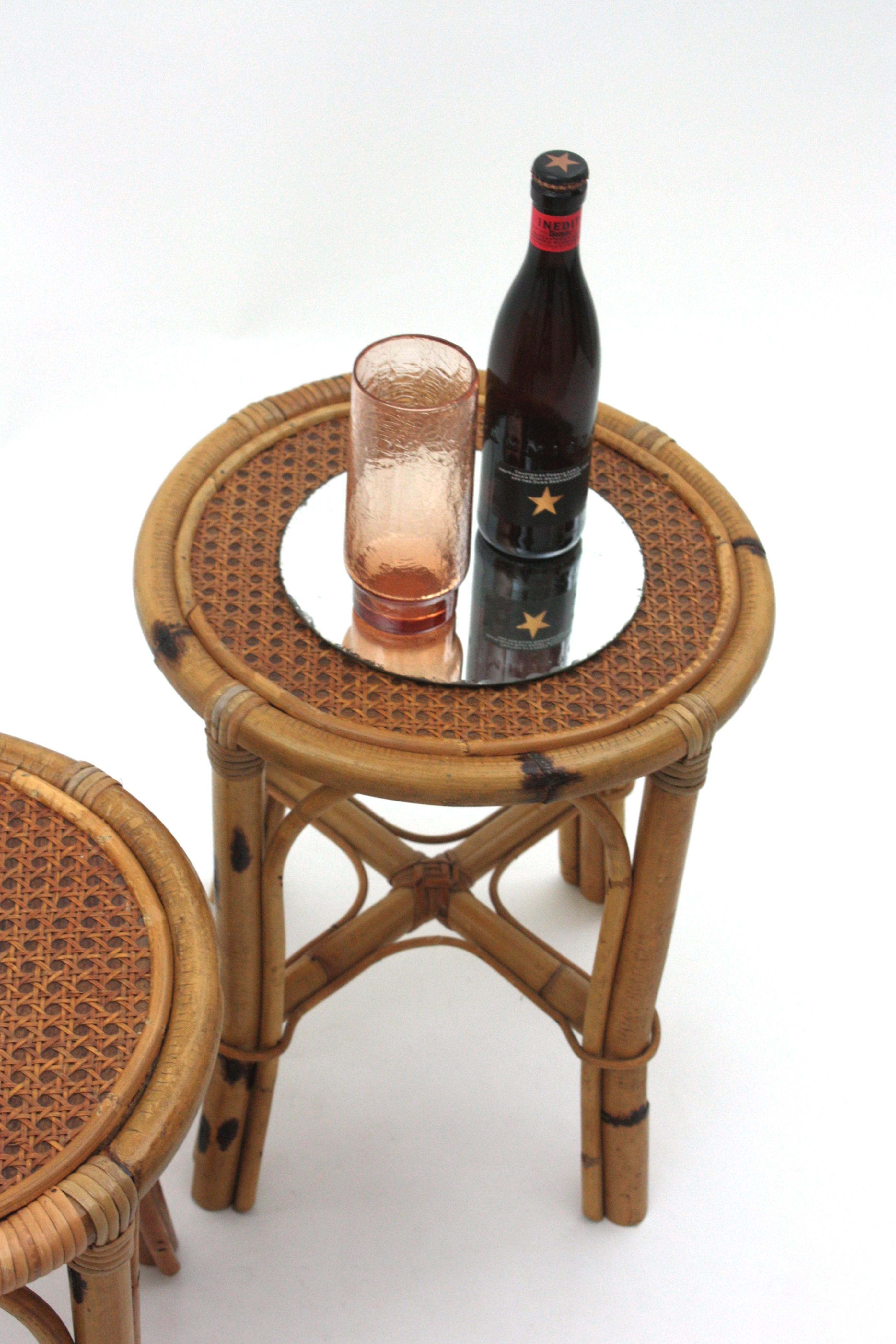 Pair of Spanish Round Stools / Side Tables in Rattan with Cane Top, 1950s For Sale 2