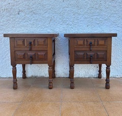 Pair of Spanish Rustic Solid Wood Bedside Tables, Mid-20th Century