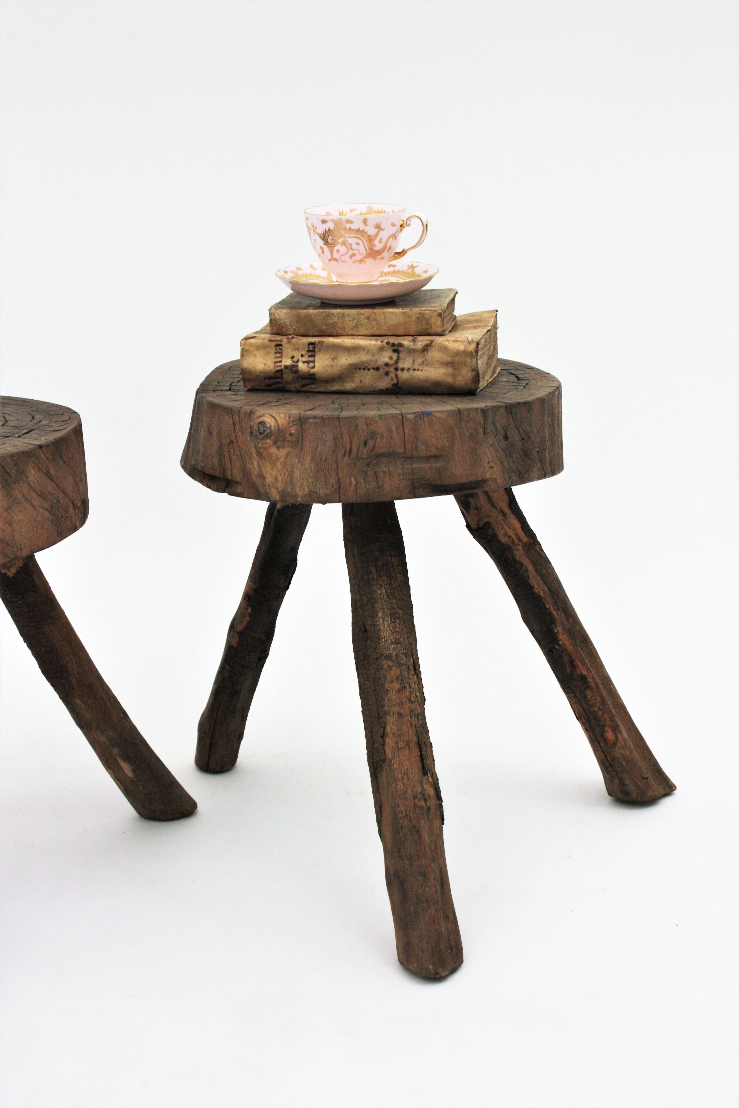 Pair of Spanish Rustic Wood Tripod Stools or Side Tables 6