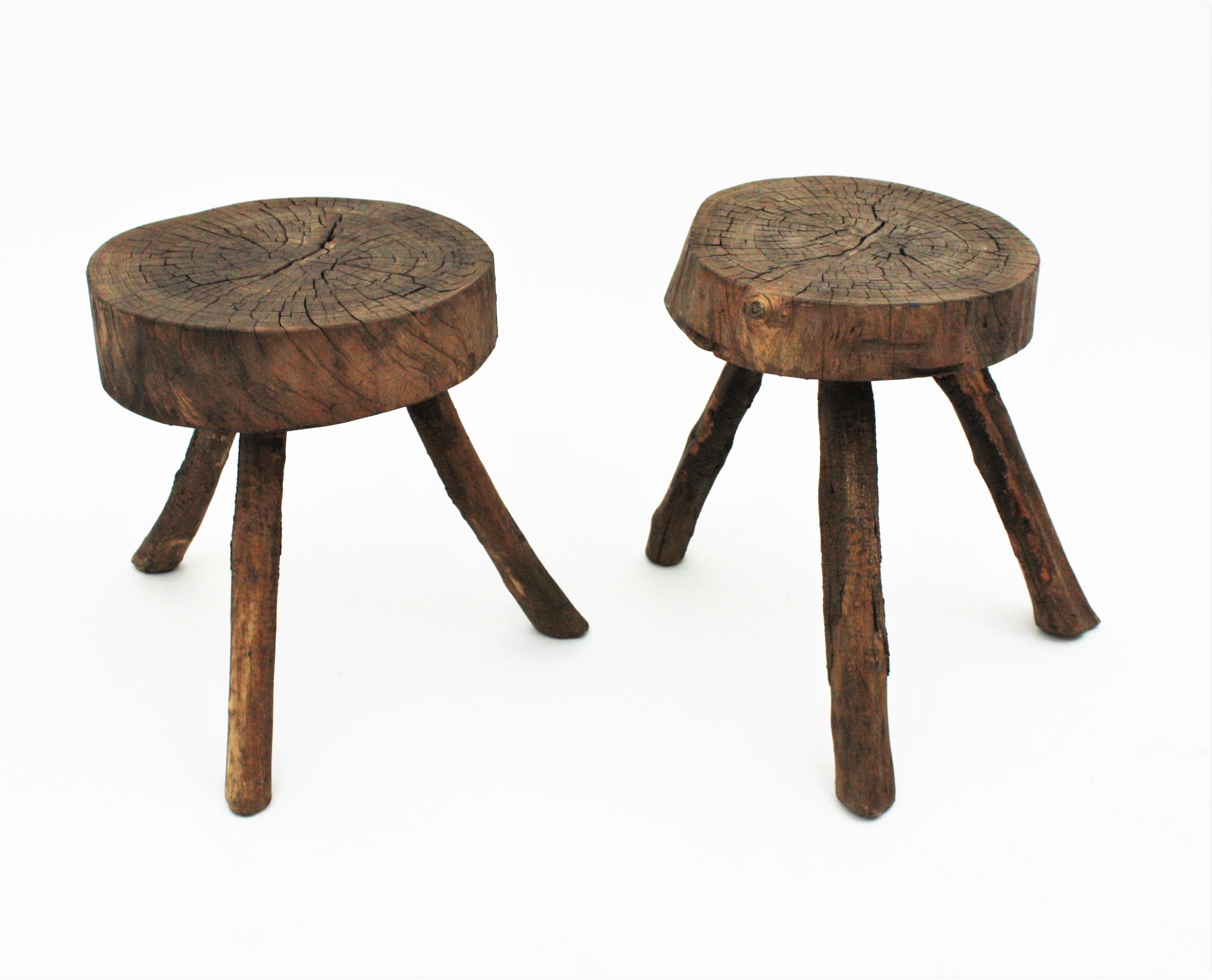Pair of Spanish Rustic Wood Tripod Stools or Side Tables 8