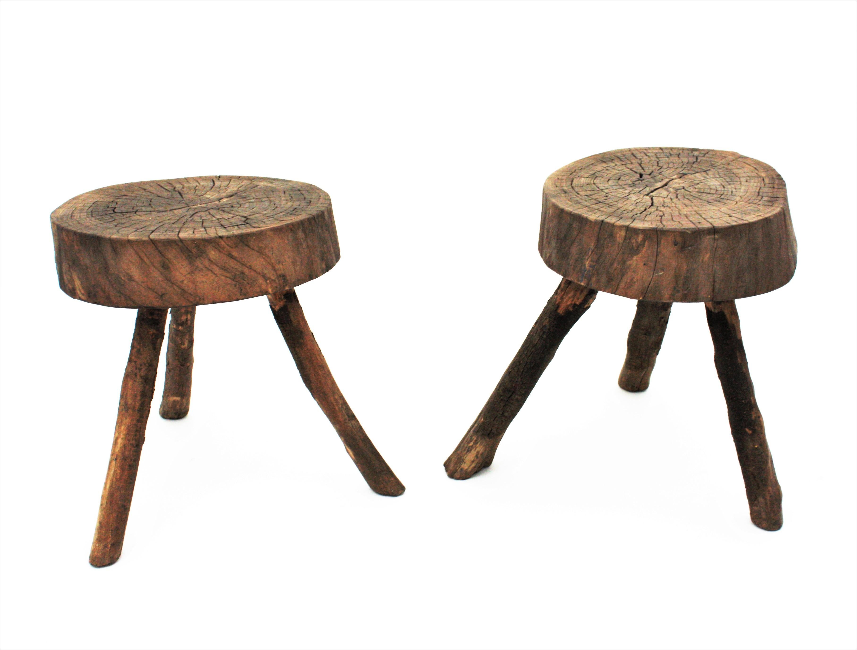 Pair of Spanish Rustic Wood Tripod Stools or Side Tables 10