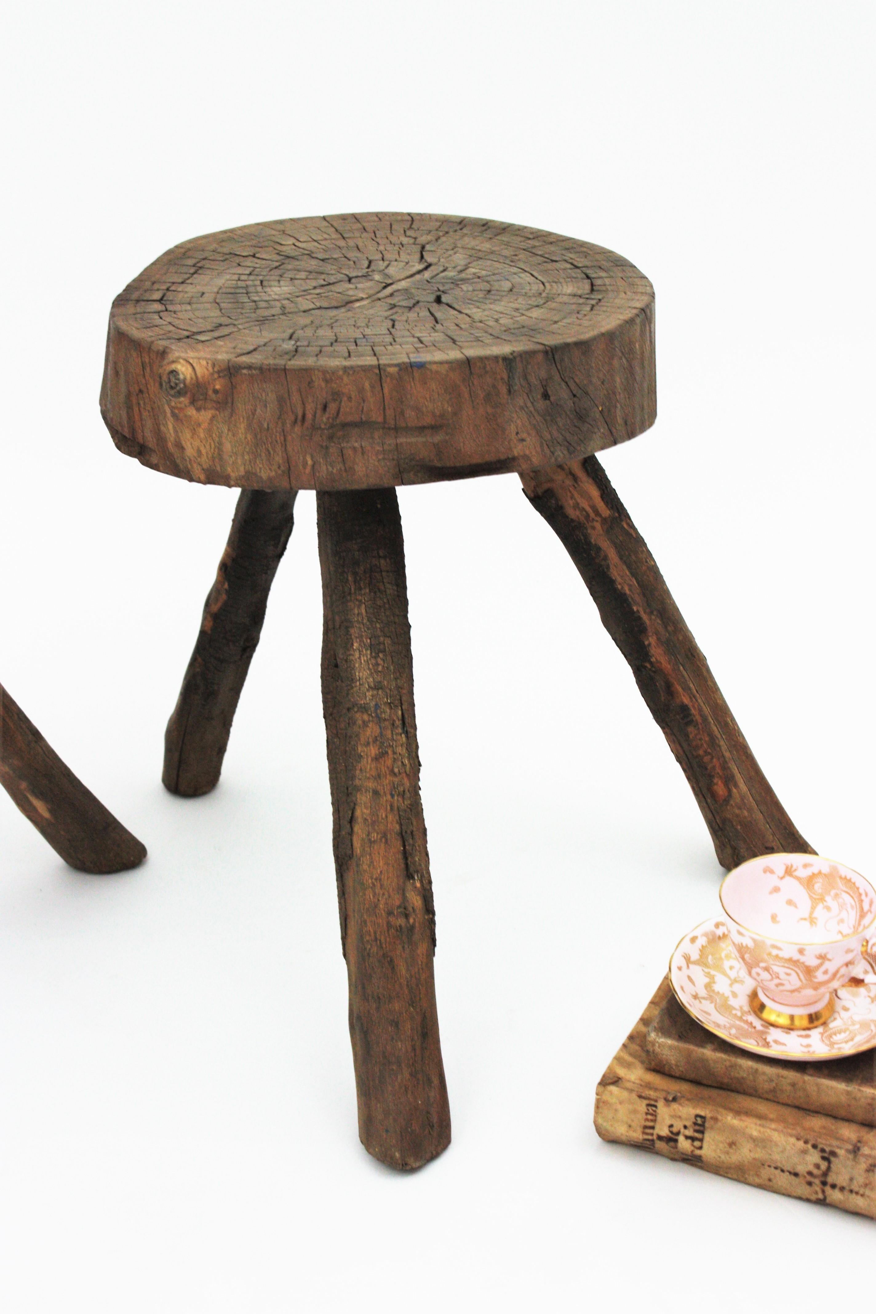 Pair of Spanish Rustic Wood Tripod Stools or Side Tables 11