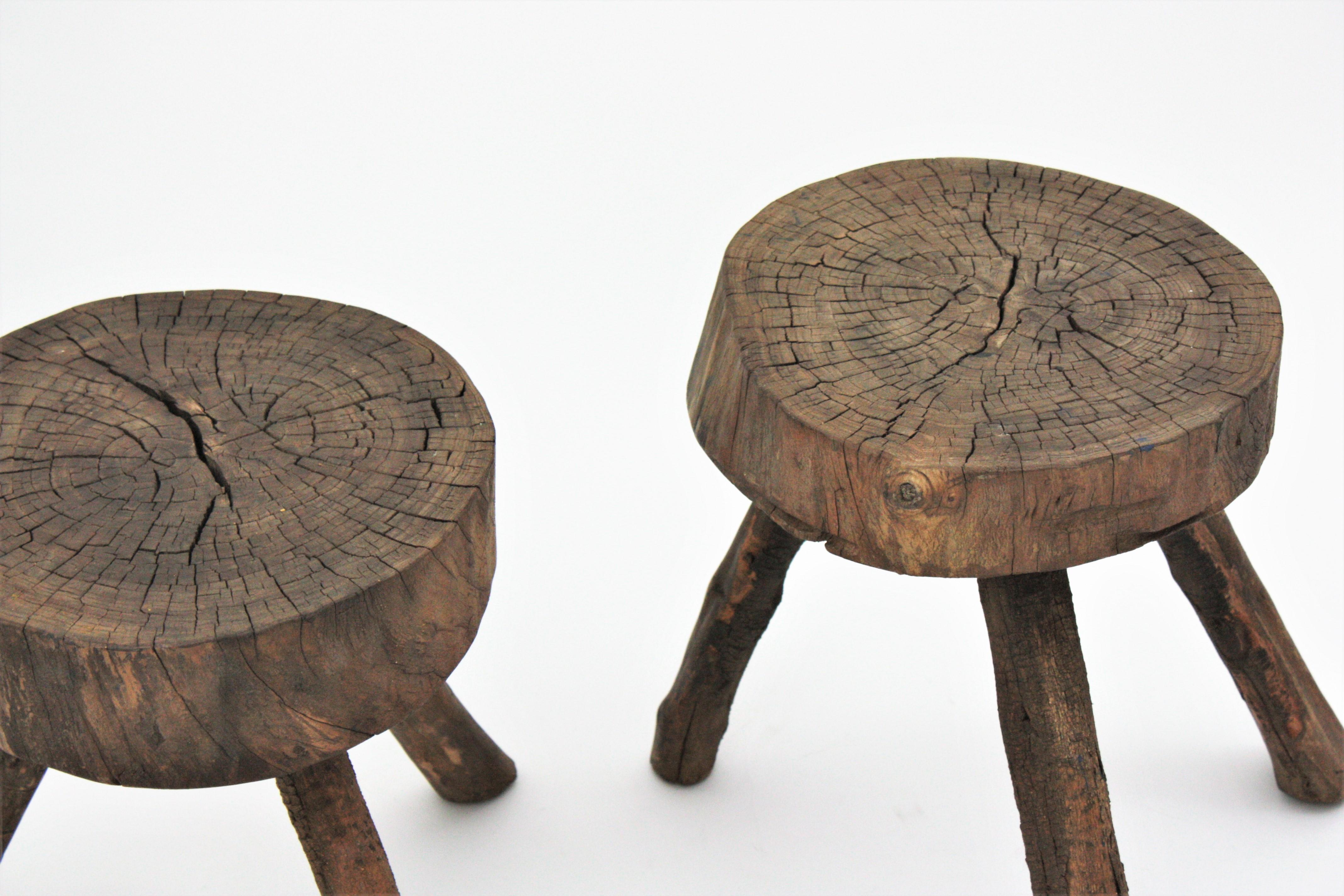 Pair of Spanish Rustic Wood Tripod Stools or Side Tables 12