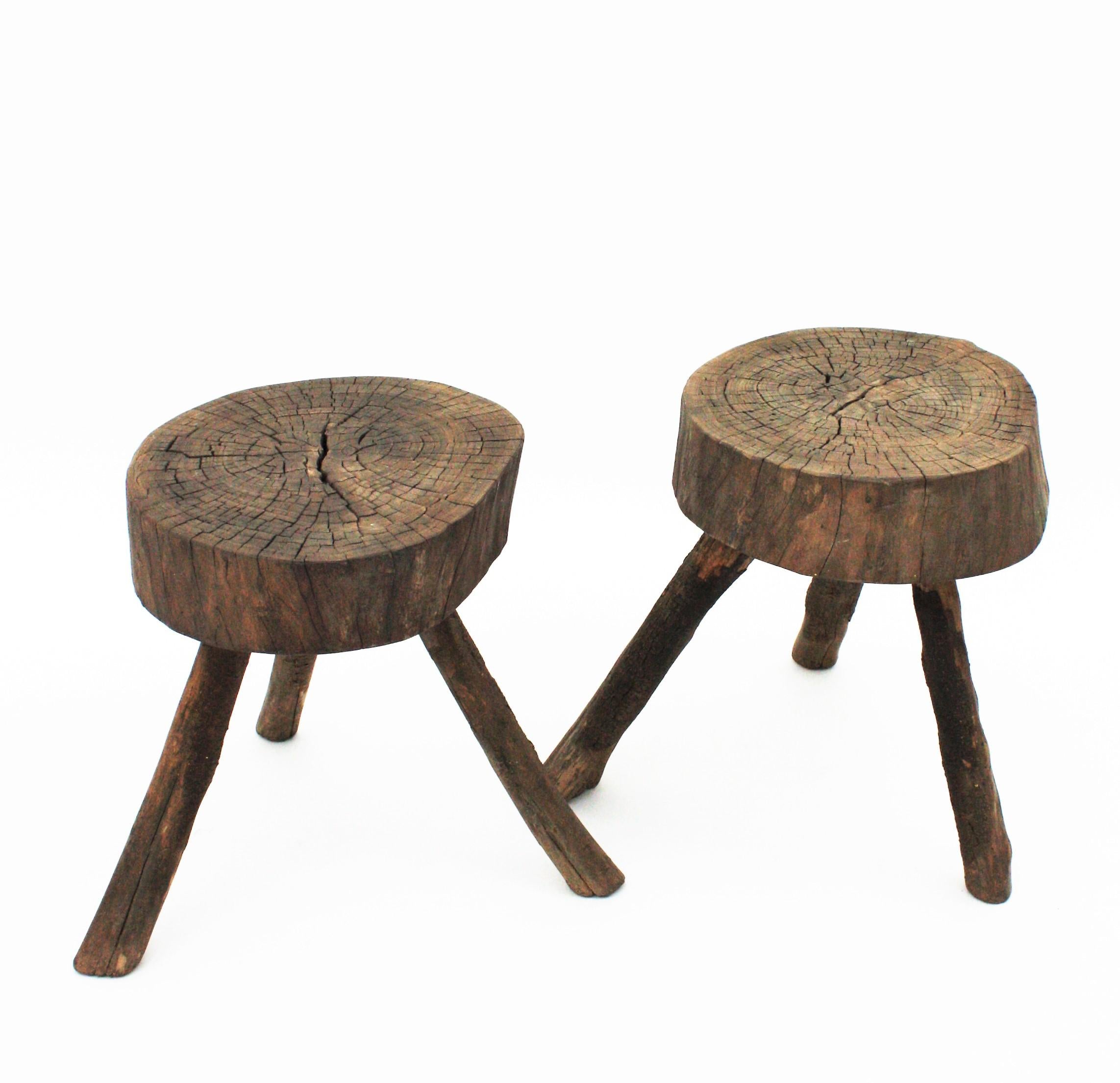 Pair of Spanish Rustic Wood Tripod Stools or Side Tables 13