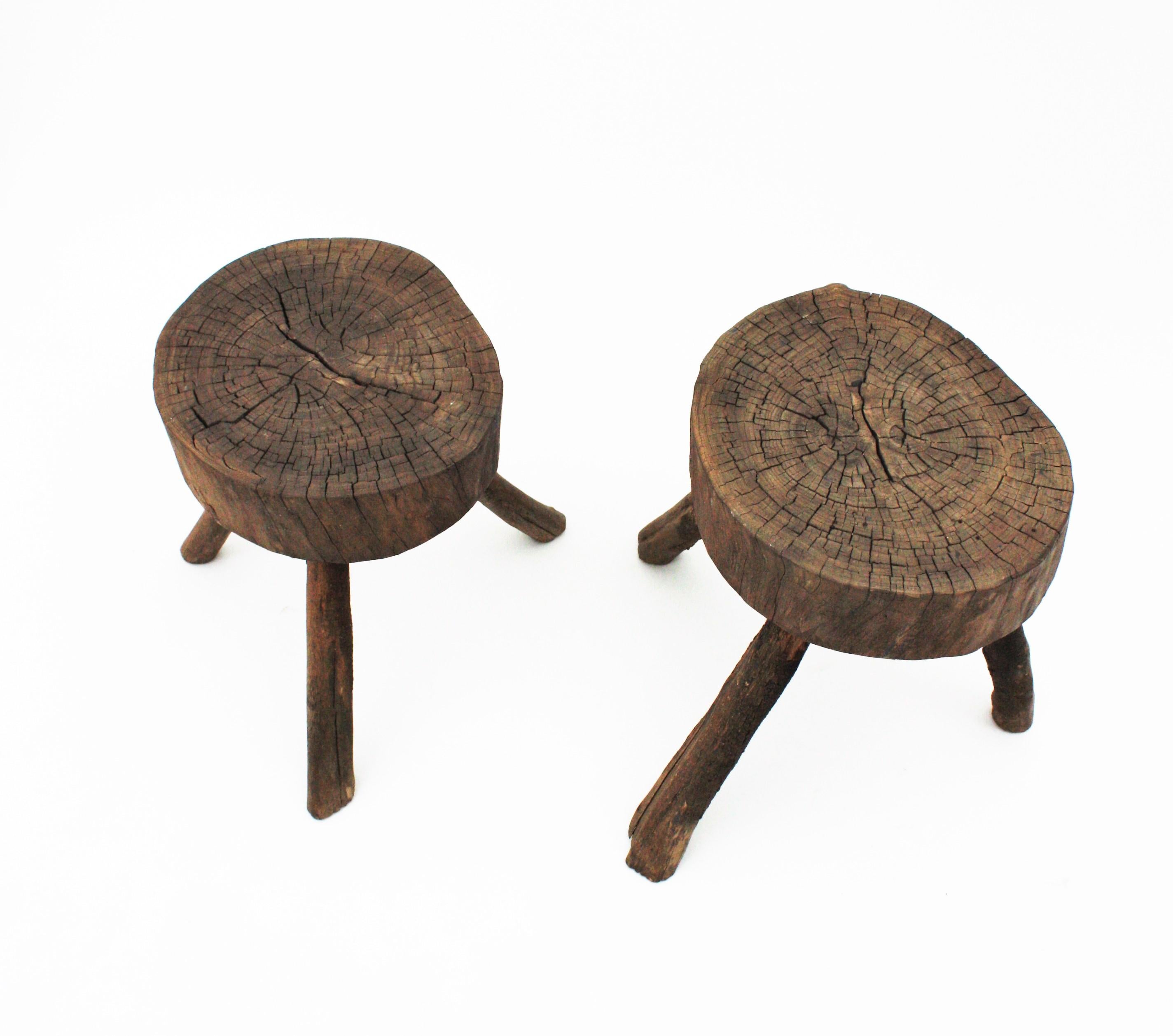 Pair of Spanish Rustic Wood Tripod Stools or Side Tables 14