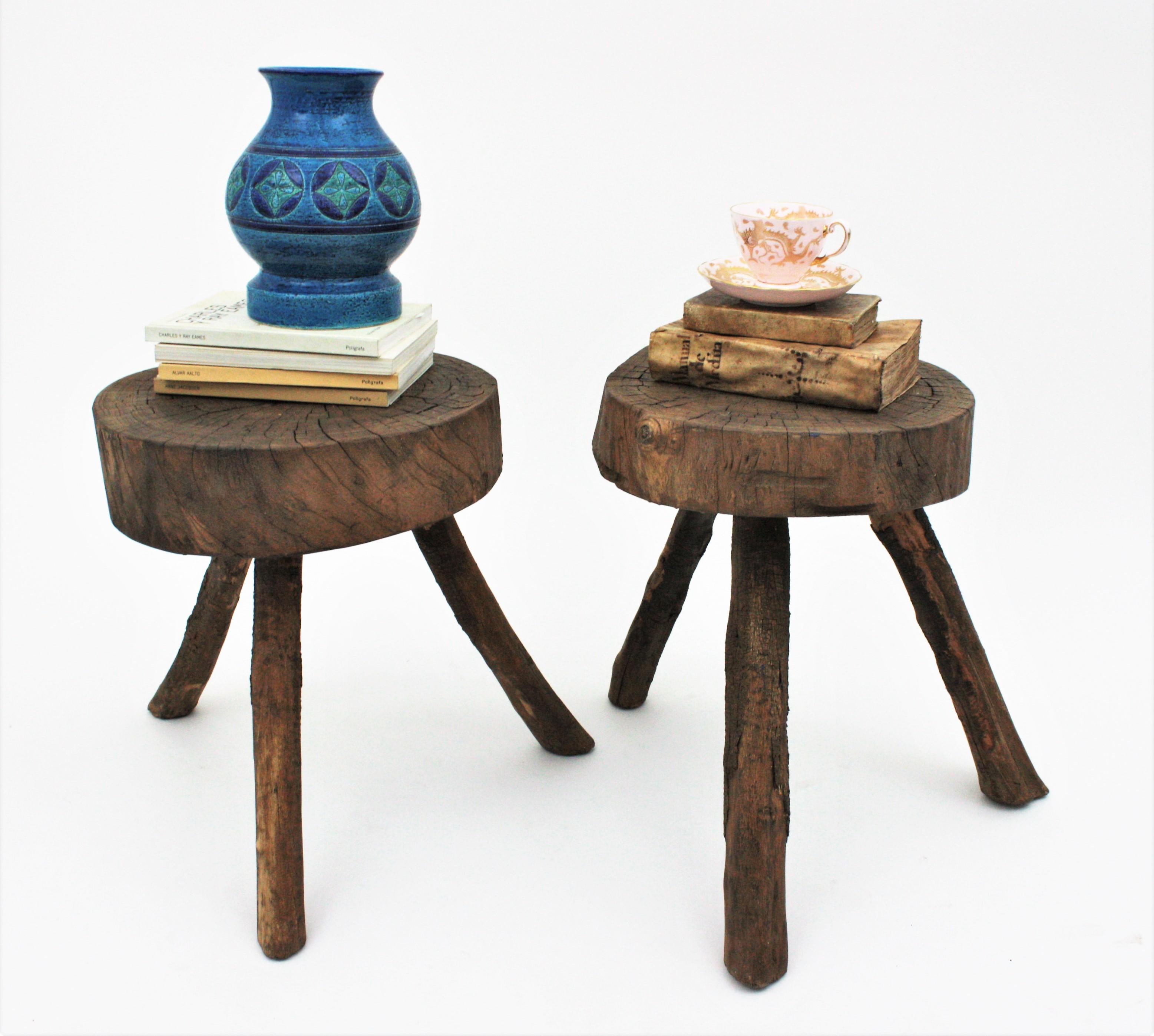 Pair of Spanish Rustic Wood Tripod Stools or Side Tables 15