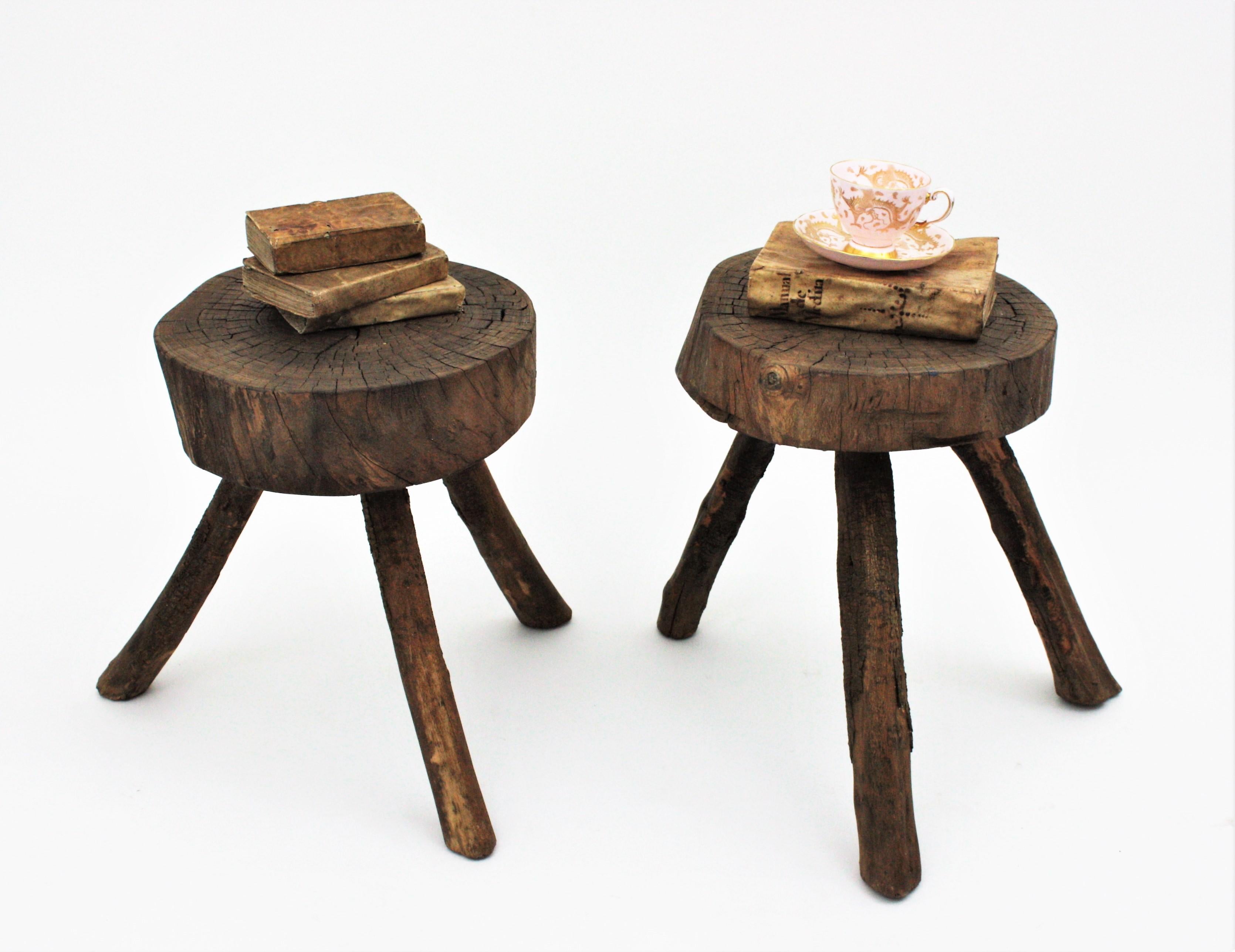 Pair of Spanish Rustic Wood Tripod Stools or Side Tables 1