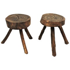 Vintage Pair of Spanish Rustic Wood Tripod Stools or Side Tables