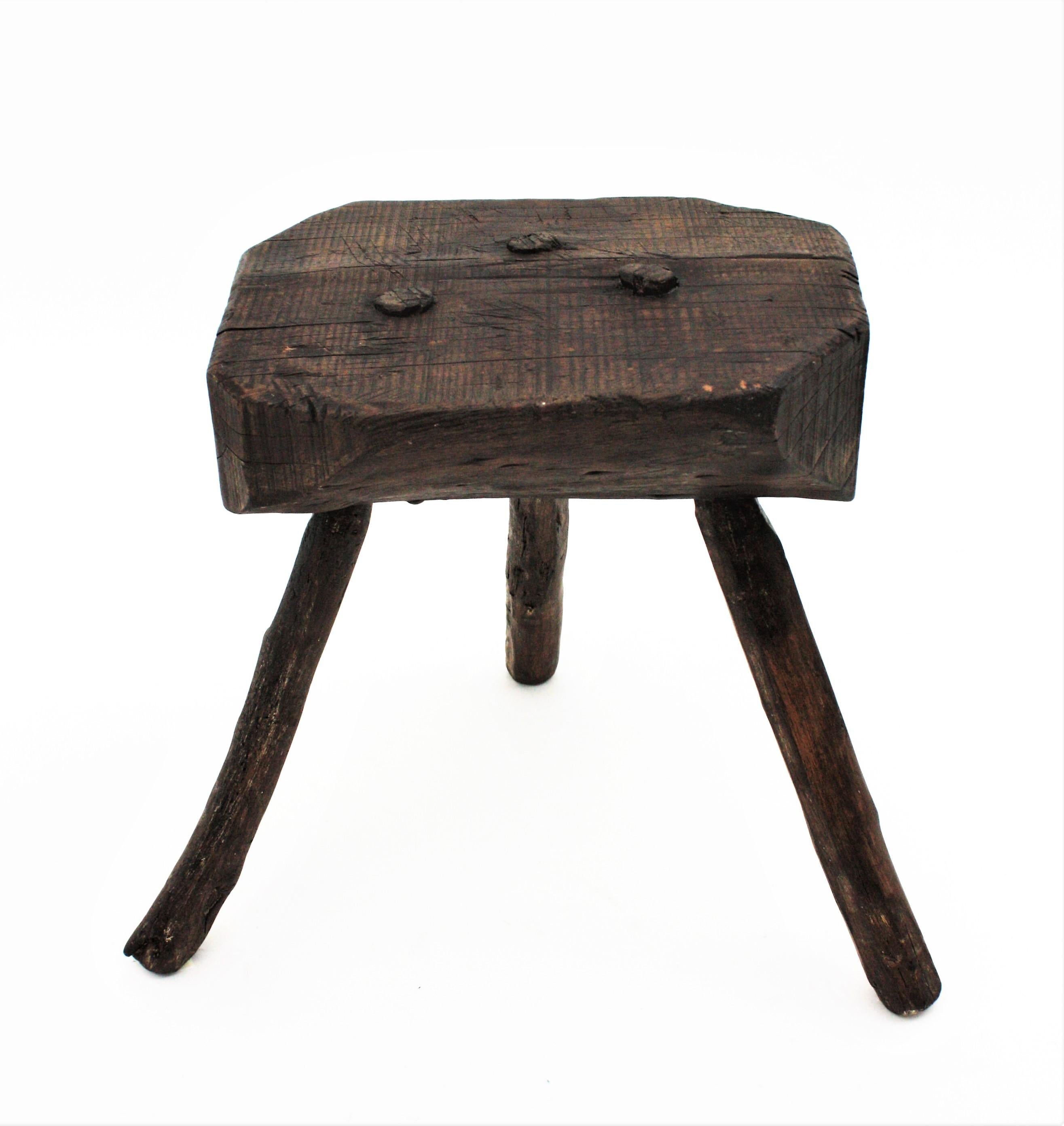 Pair of Spanish Rustic Wood Tripod Side Table / Stools For Sale 4