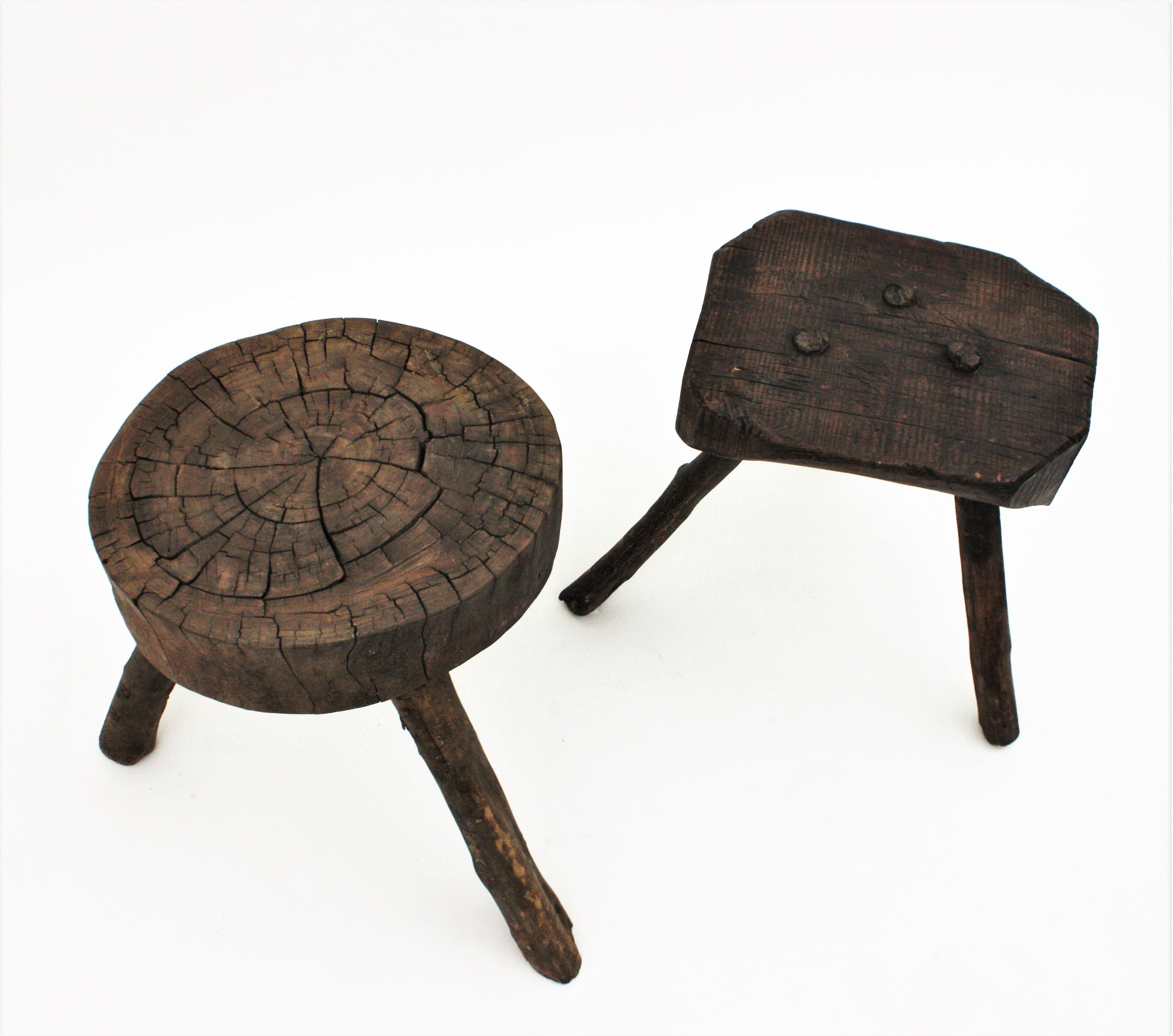 Pair of Spanish Rustic Wood Tripod Side Table / Stools For Sale 5