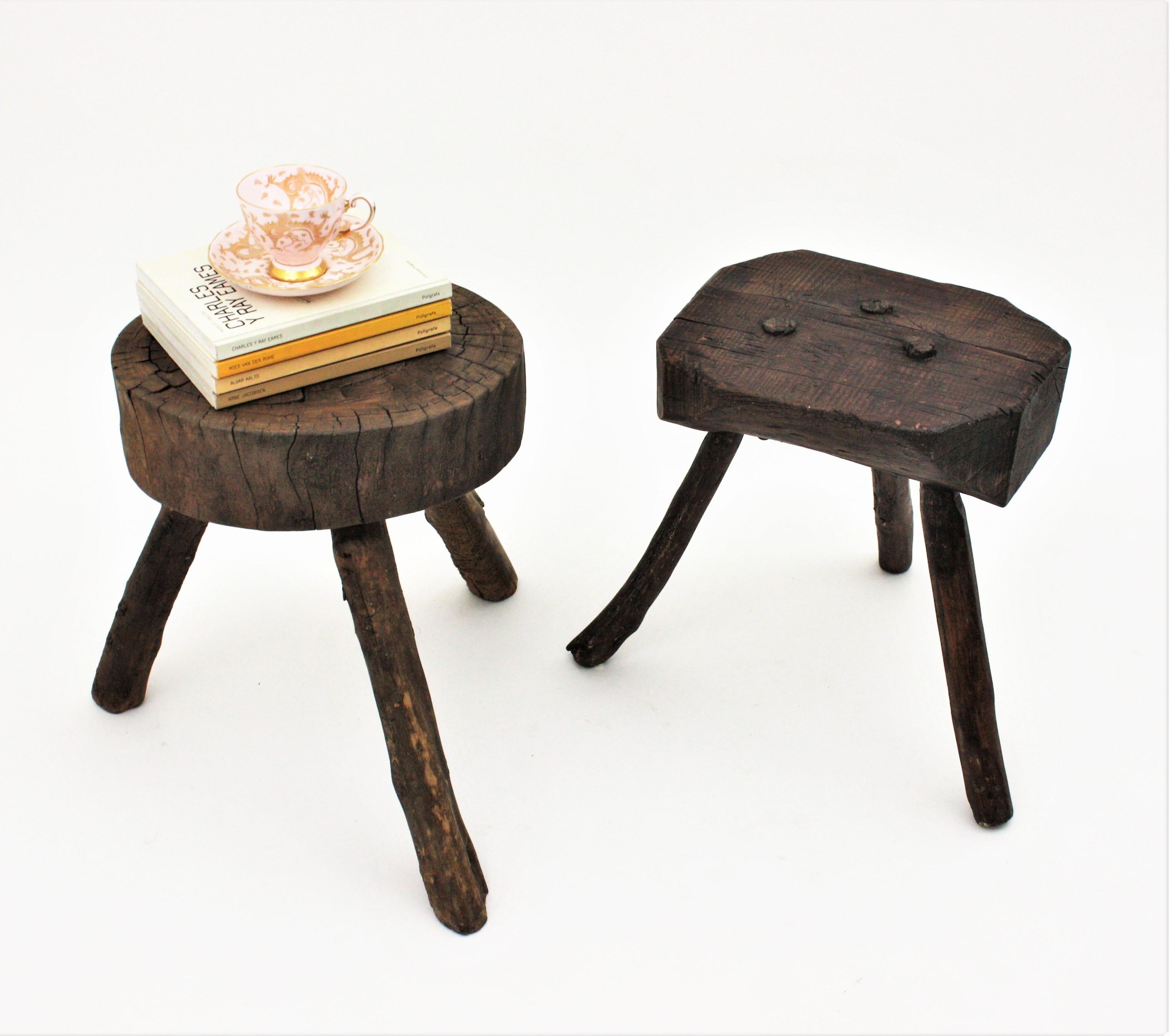 Pair of Spanish Rustic Wood Tripod Side Table / Stools For Sale 7