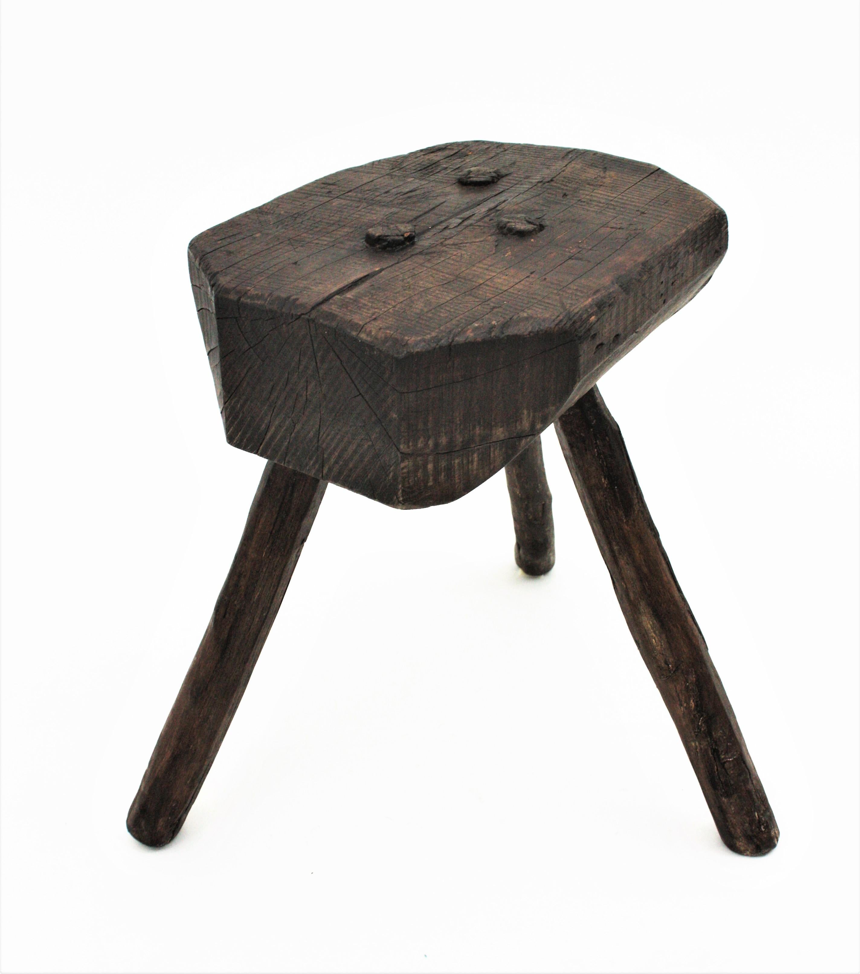 Pair of Spanish Rustic Wood Tripod Side Table / Stools For Sale 2