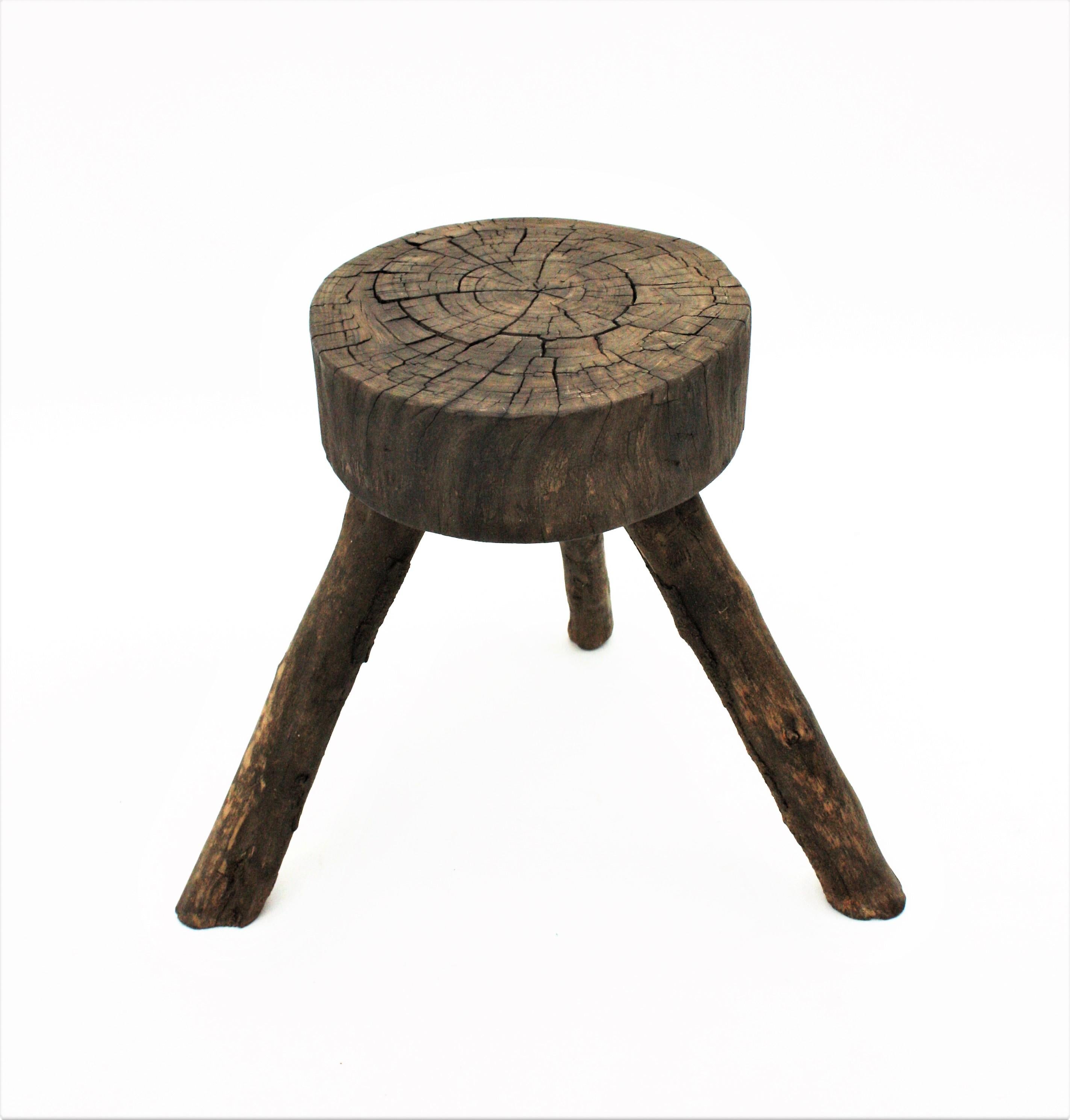 Pair of Spanish Rustic Wood Tripod Side Table / Stools For Sale 3