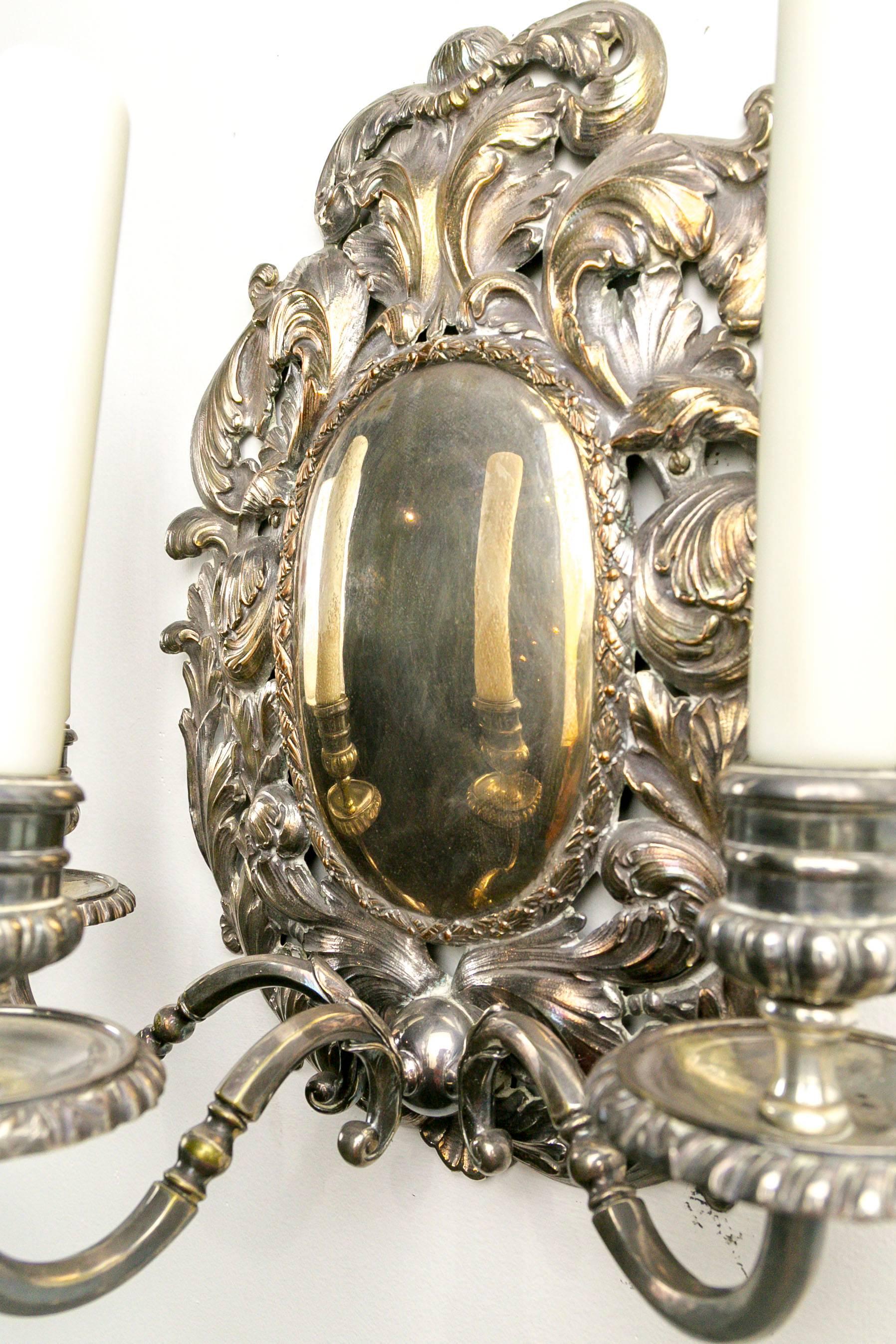 Pair of Spanish Silver Shield Triple Candelabra Sconces (3 pairs available) 3
