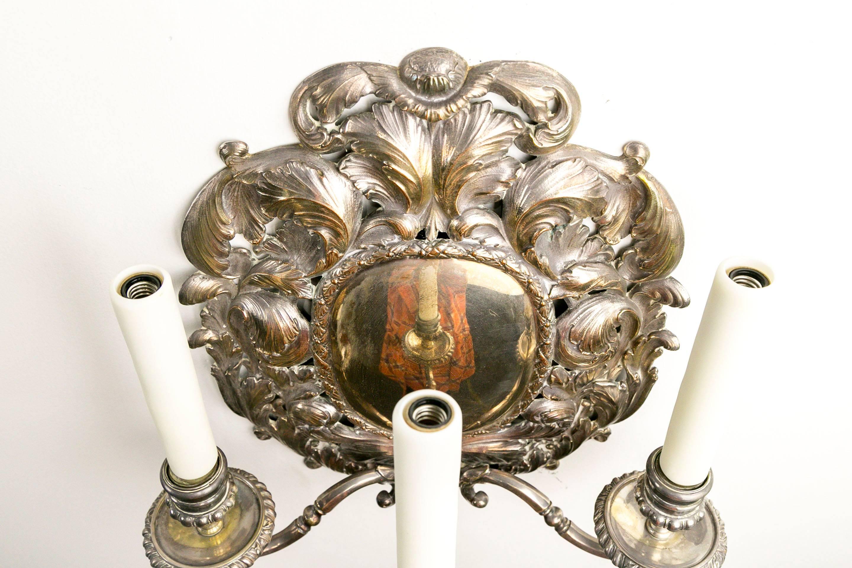Pair of Spanish Silver Shield Triple Candelabra Sconces (3 pairs available) 4