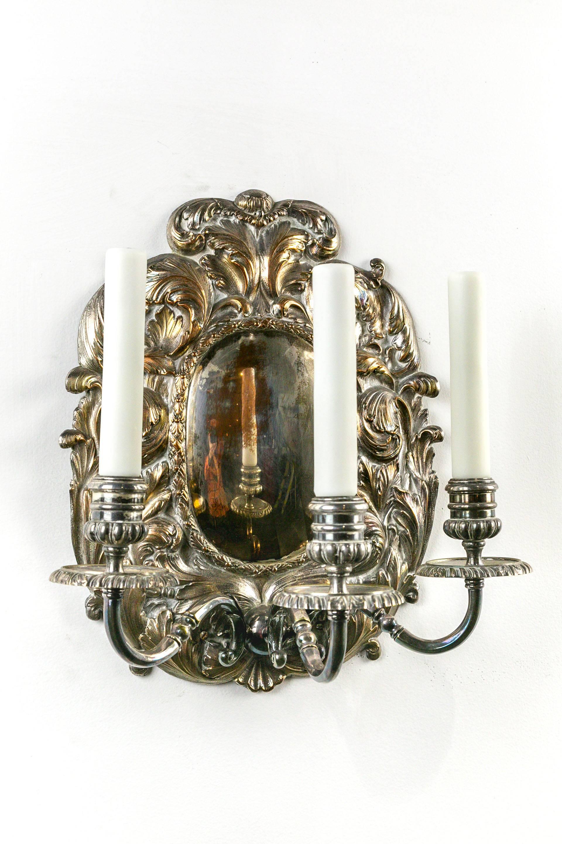 Spanish Colonial Pair of Spanish Silver Shield Triple Candelabra Sconces (3 pairs available)