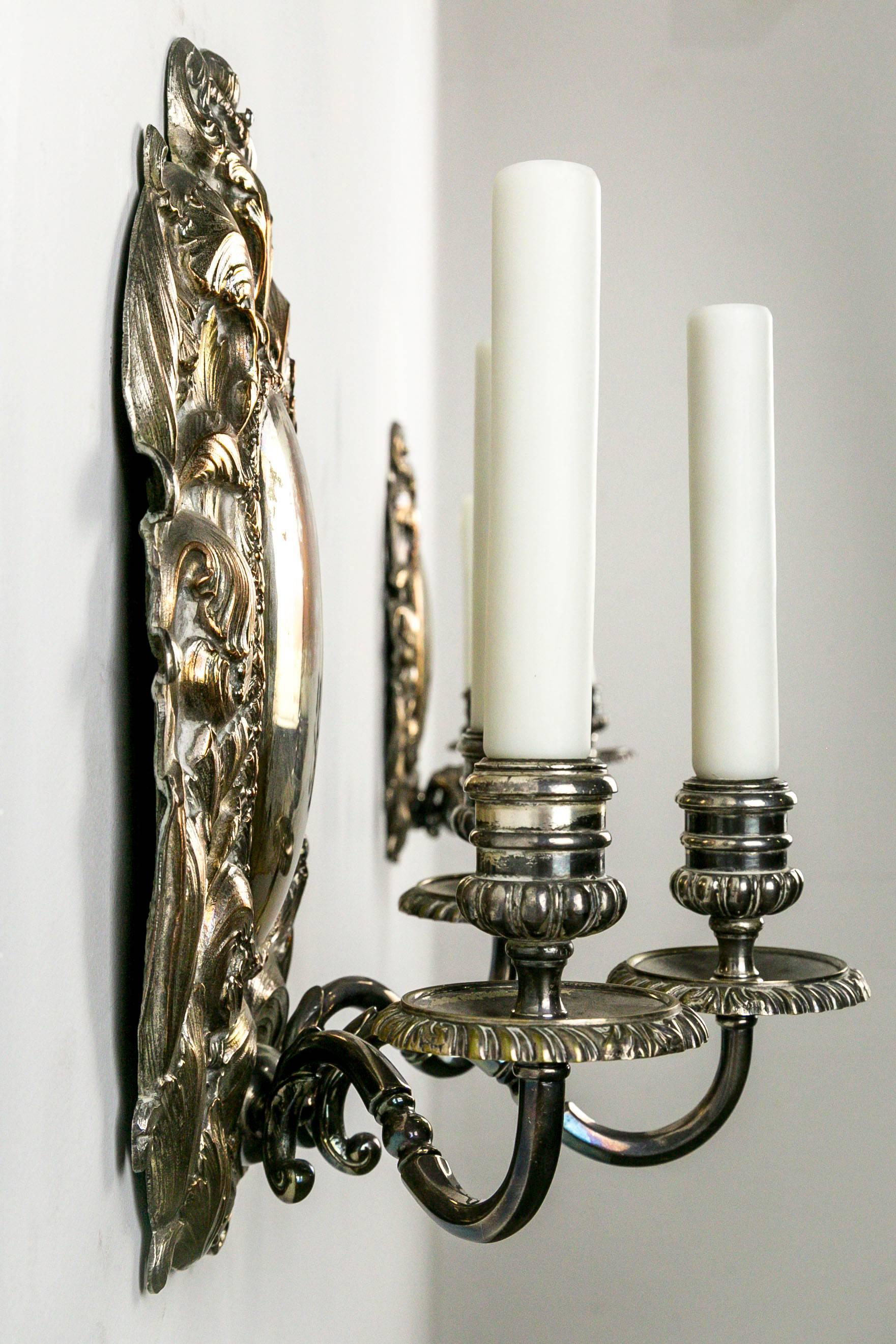 Silvered Pair of Spanish Silver Shield Triple Candelabra Sconces (3 pairs available)