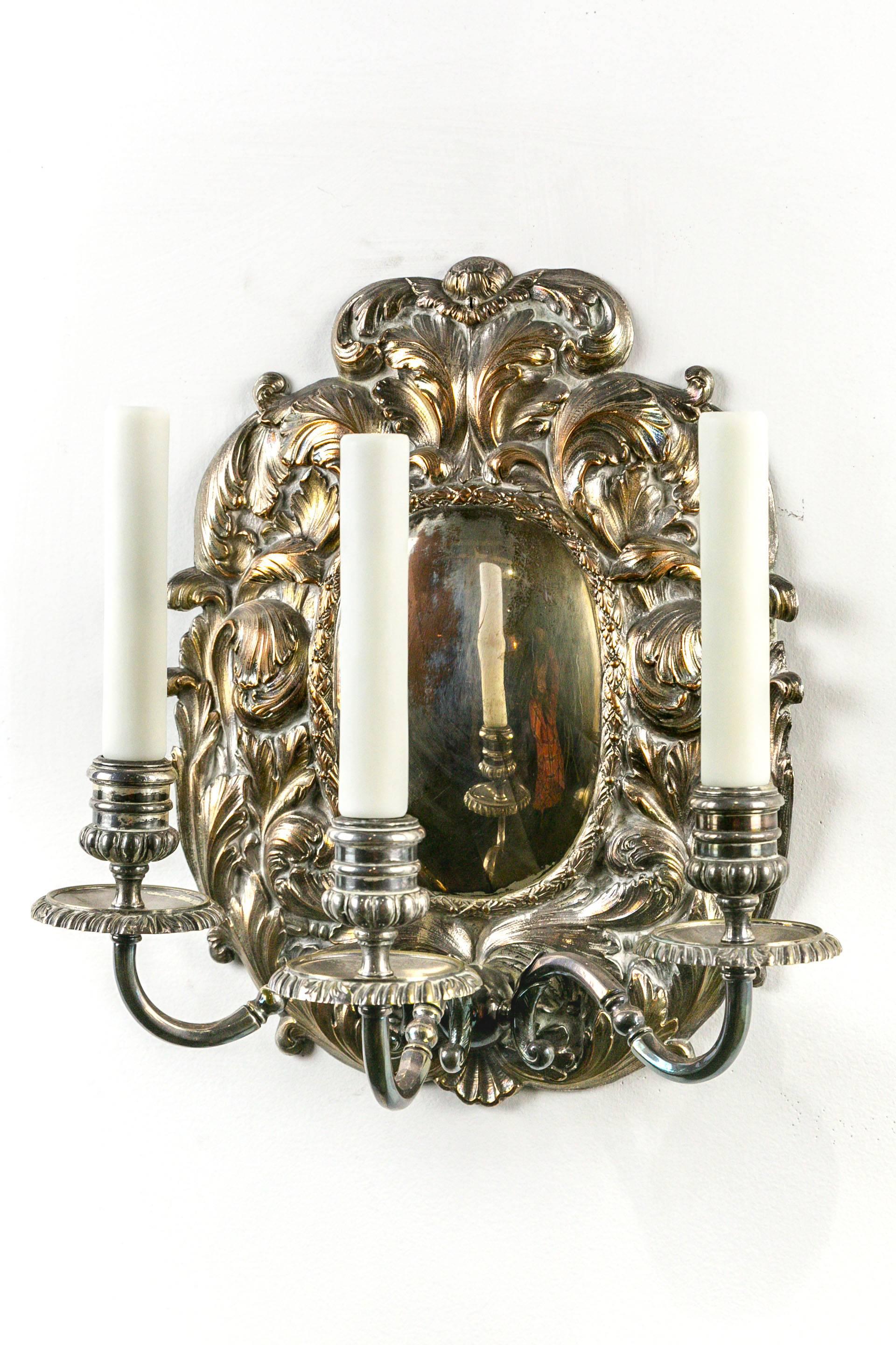 Pair of Spanish Silver Shield Triple Candelabra Sconces (3 pairs available) In Excellent Condition In San Francisco, CA