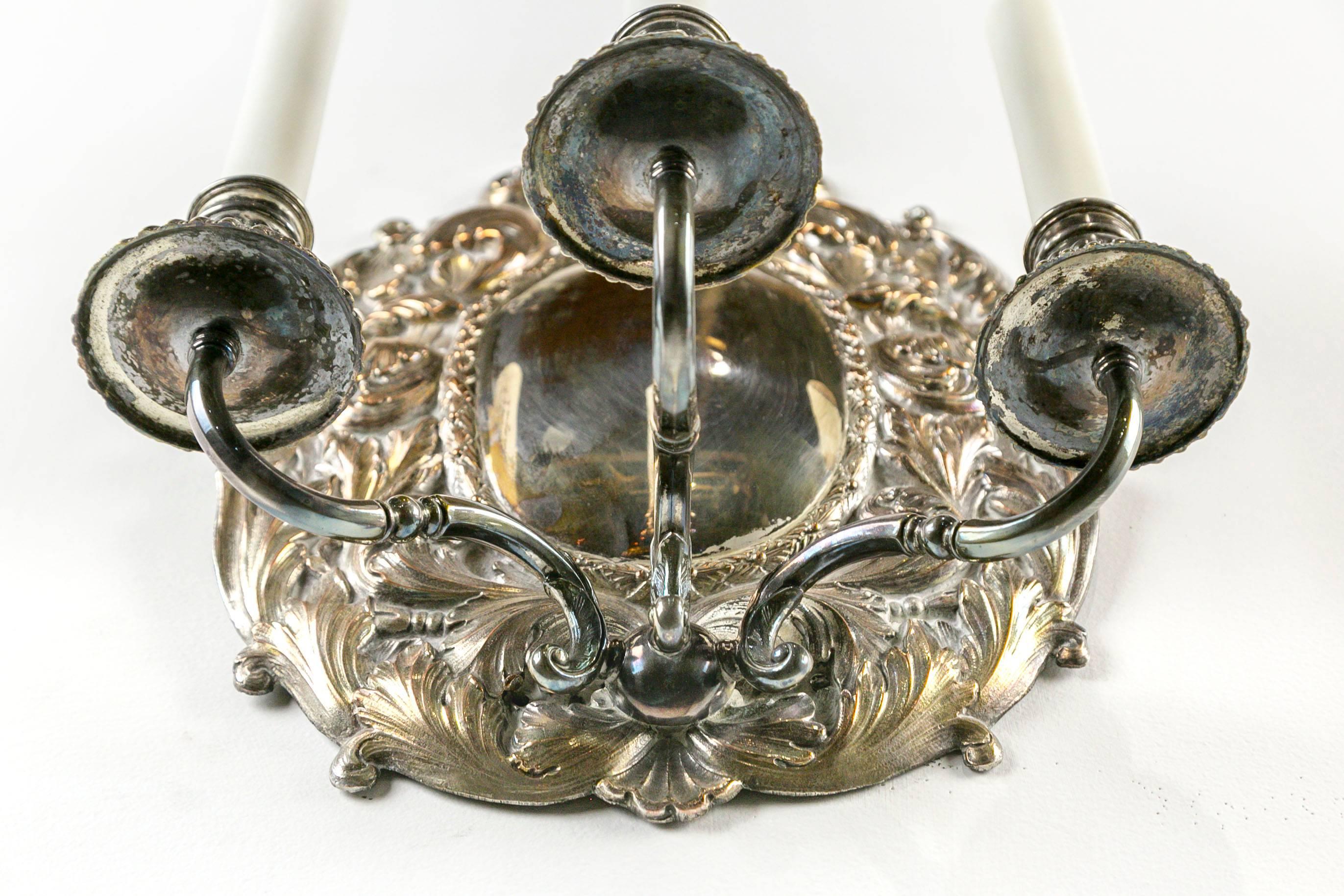 Early 20th Century Pair of Spanish Silver Shield Triple Candelabra Sconces (3 pairs available)