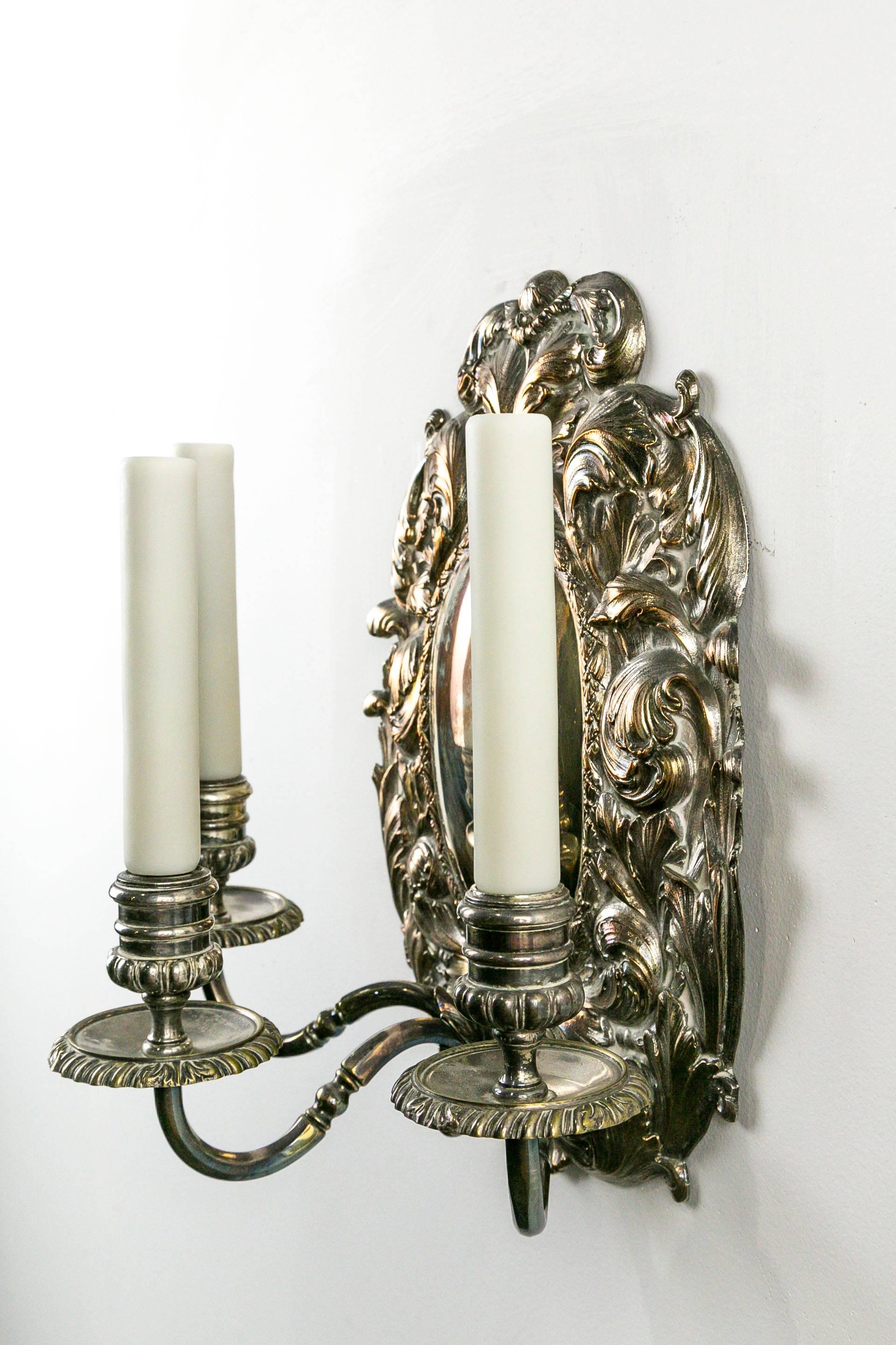 Pair of Spanish Silver Shield Triple Candelabra Sconces (3 pairs available) 1