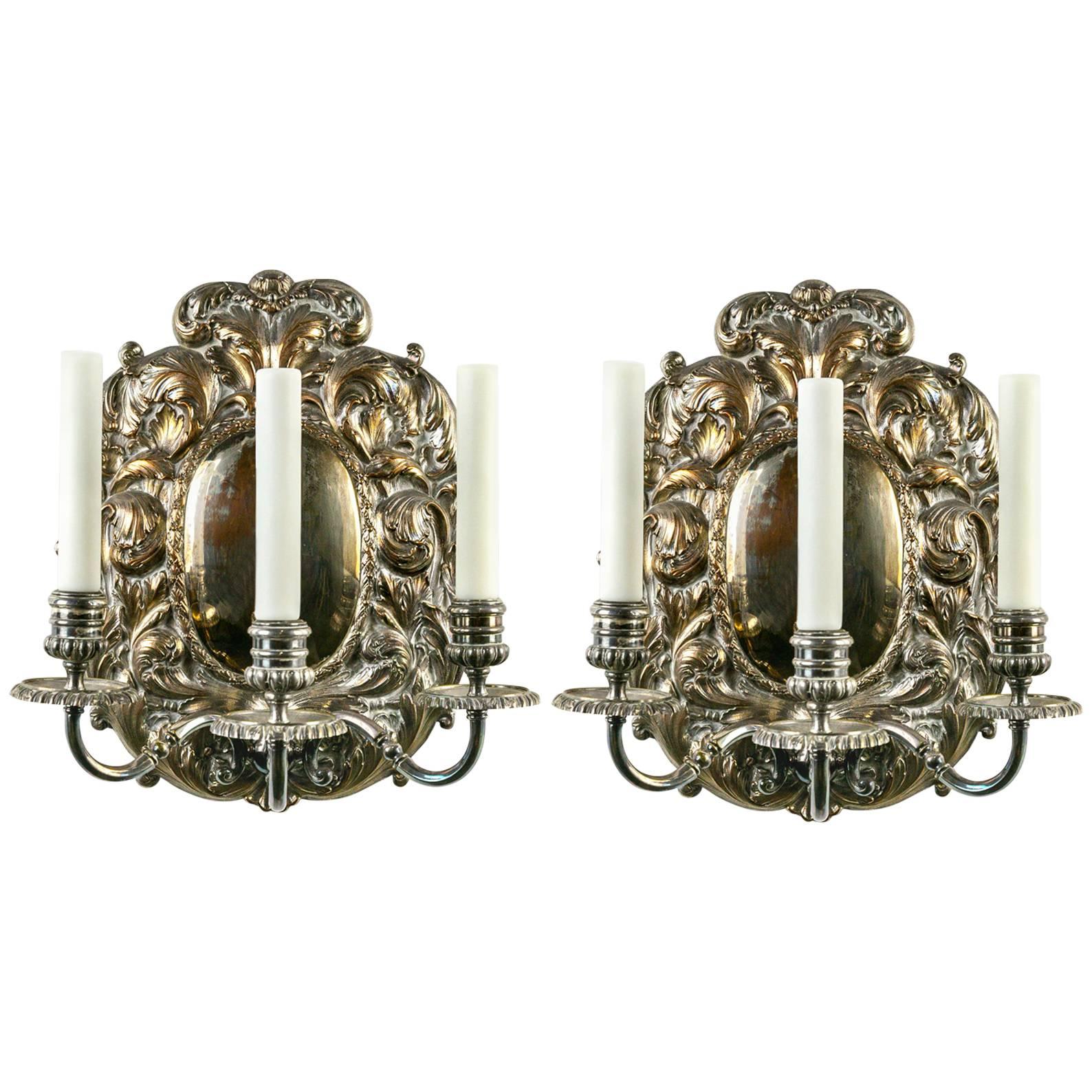 Pair of Spanish Silver Shield Triple Candelabra Sconces (3 pairs available)