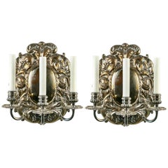 Pair of Spanish Silver Shield Triple Candelabra Sconces (3 pairs available)