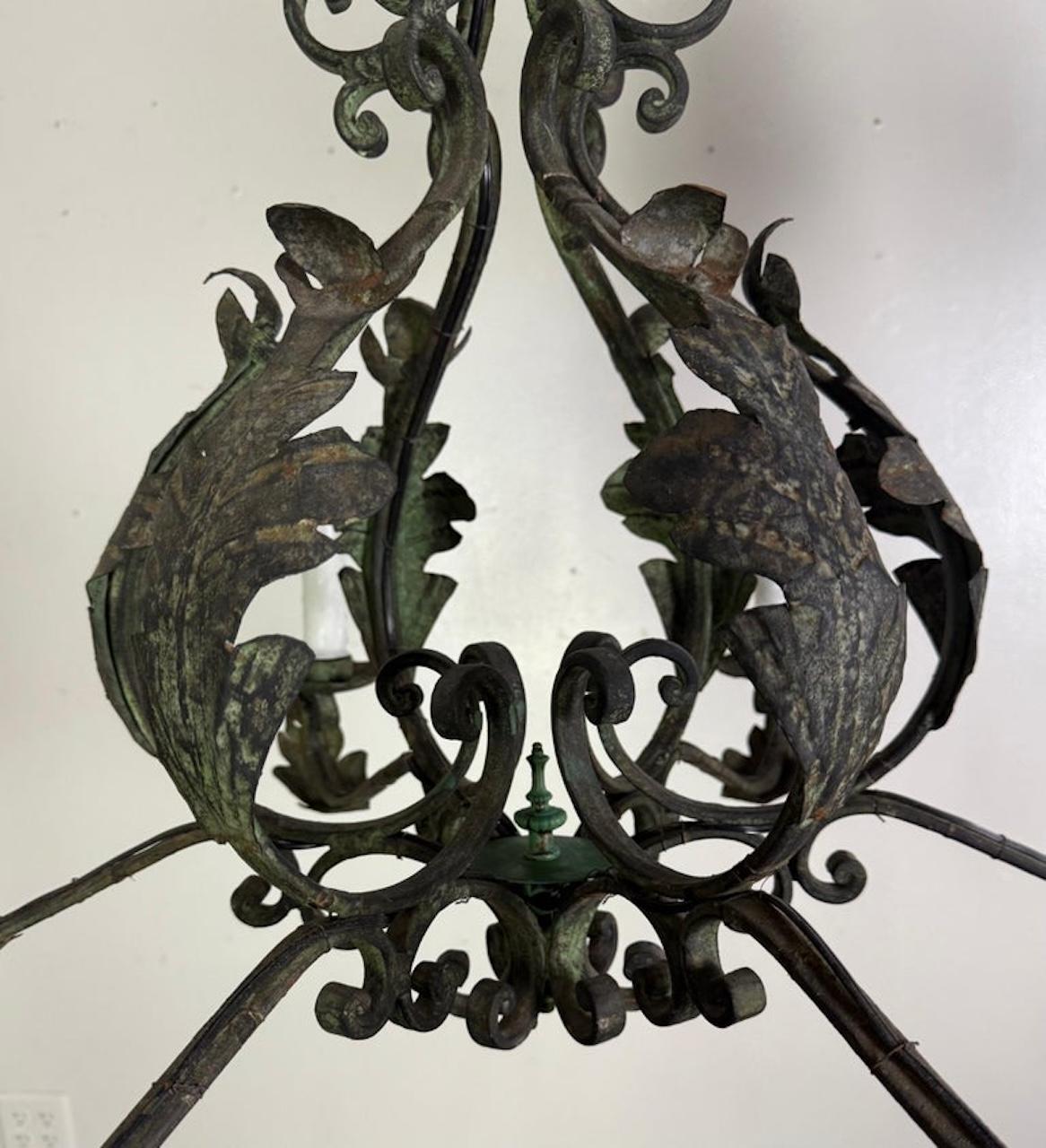 Rococo Pair of Spanish Six-Light Wrought Iron Chandeliers For Sale