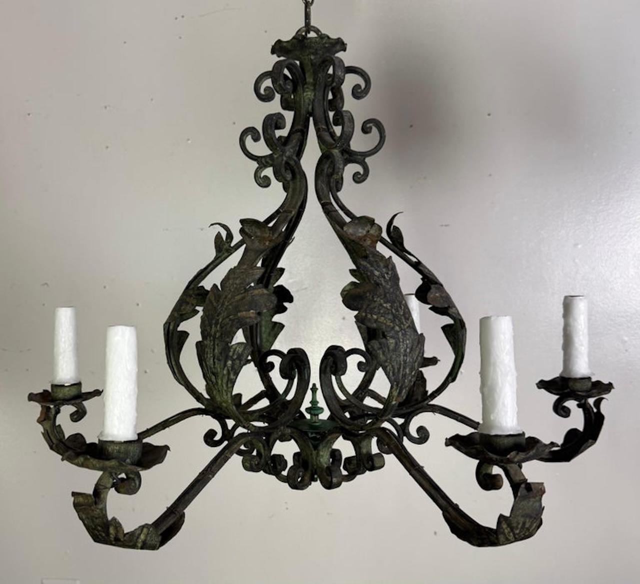 Italian Pair of Spanish Six-Light Wrought Iron Chandeliers For Sale