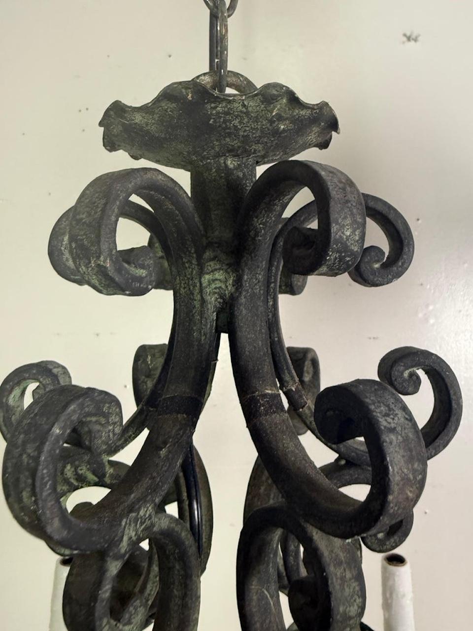 Pair of Spanish Six-Light Wrought Iron Chandeliers For Sale 1