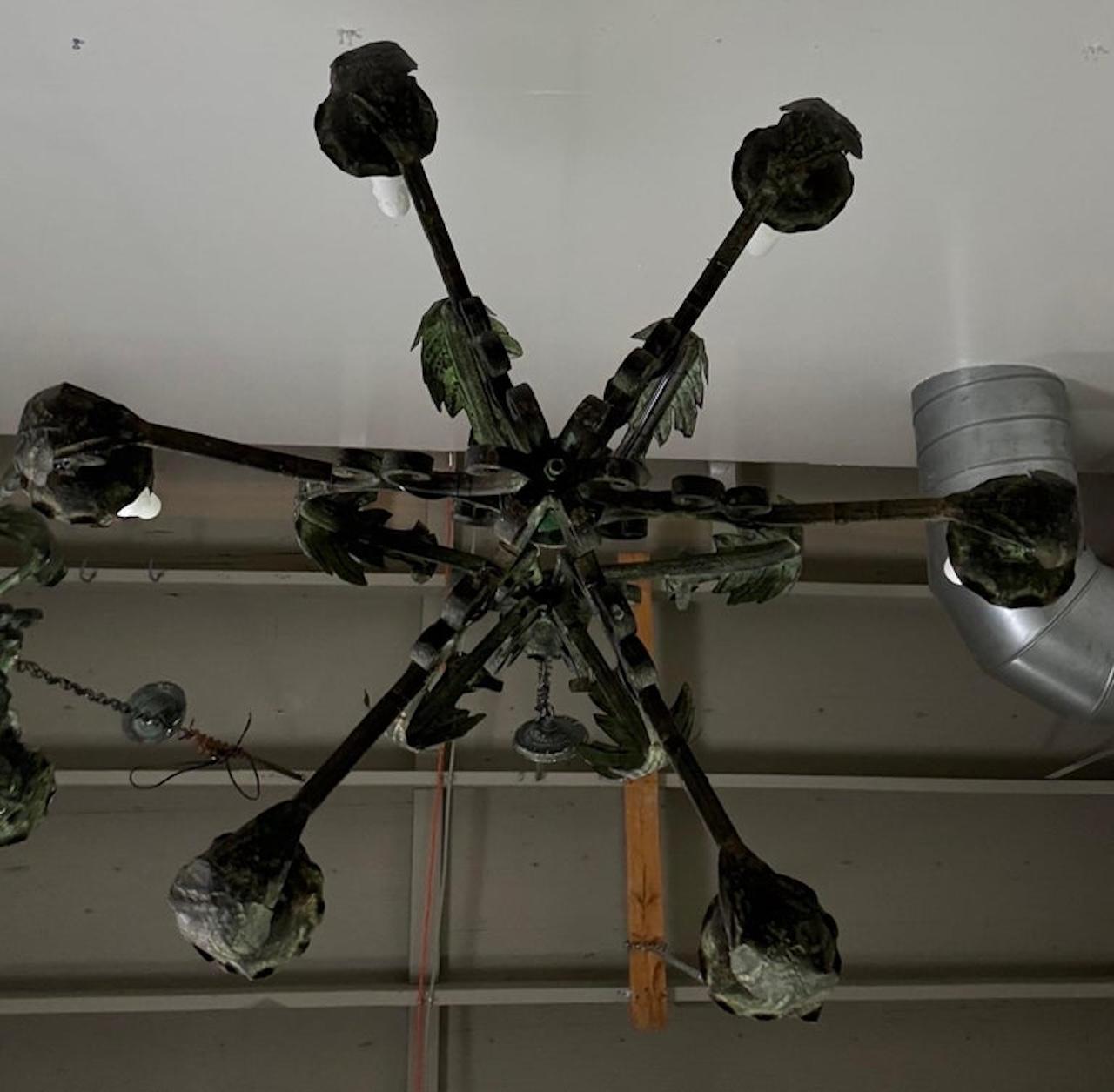 Pair of Spanish Six-Light Wrought Iron Chandeliers For Sale 3
