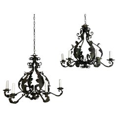 Pair of Spanish Six-Light Wrought Iron Chandeliers