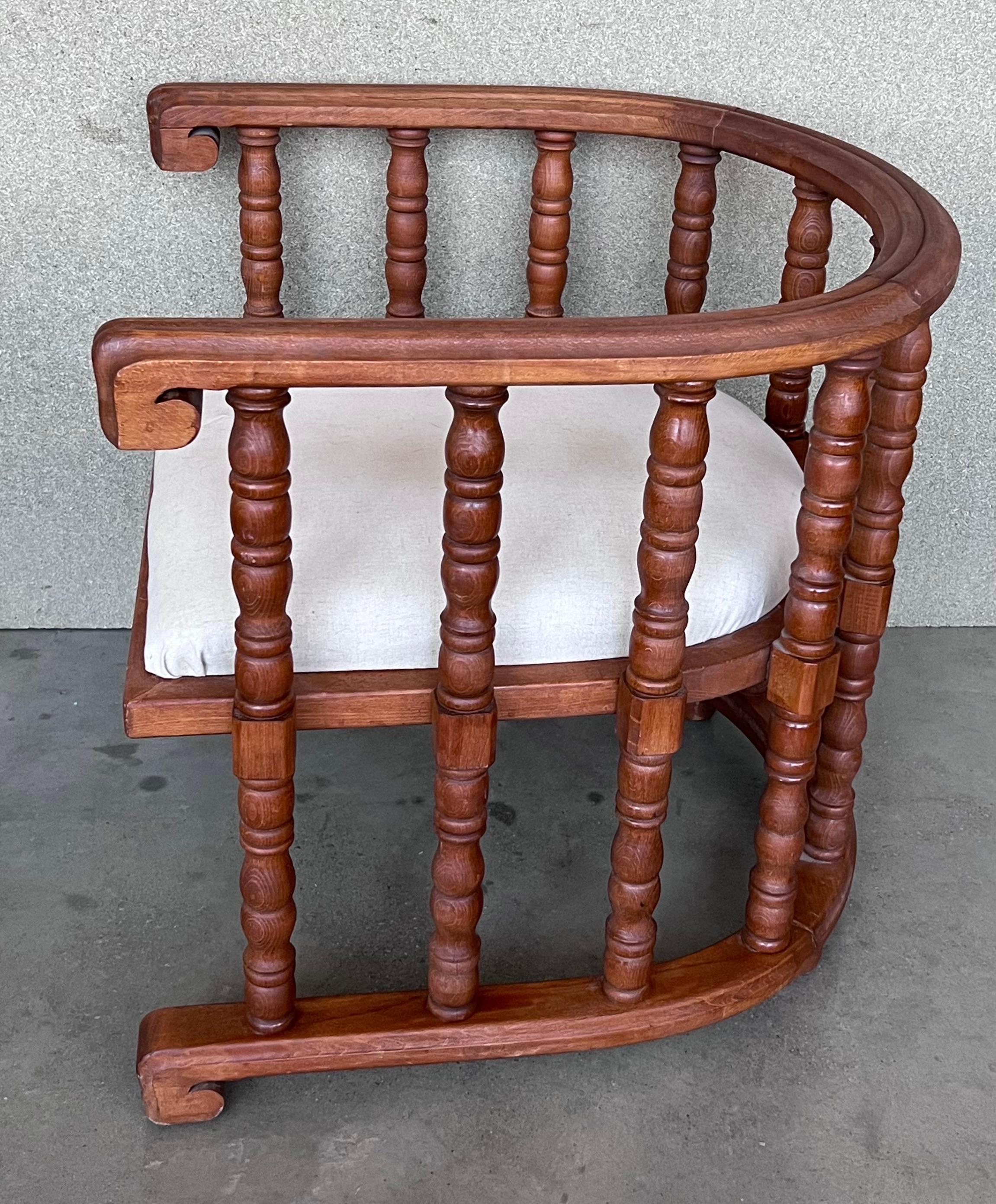 Pair of Spanish Slatted Barrel Back Hand Carved Chairs For Sale 4