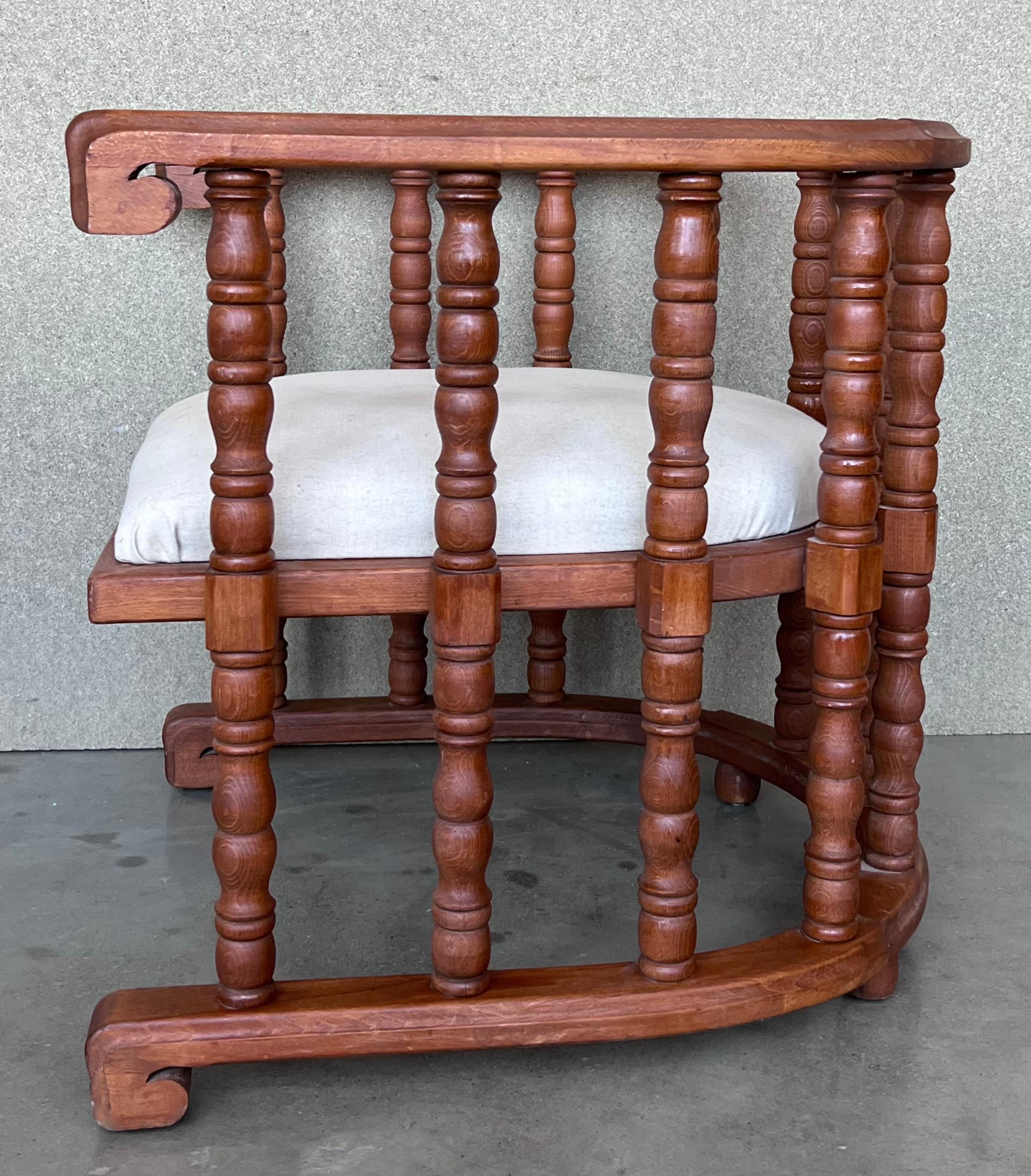 Pair of Spanish Slatted Barrel Back Hand Carved Chairs For Sale 5