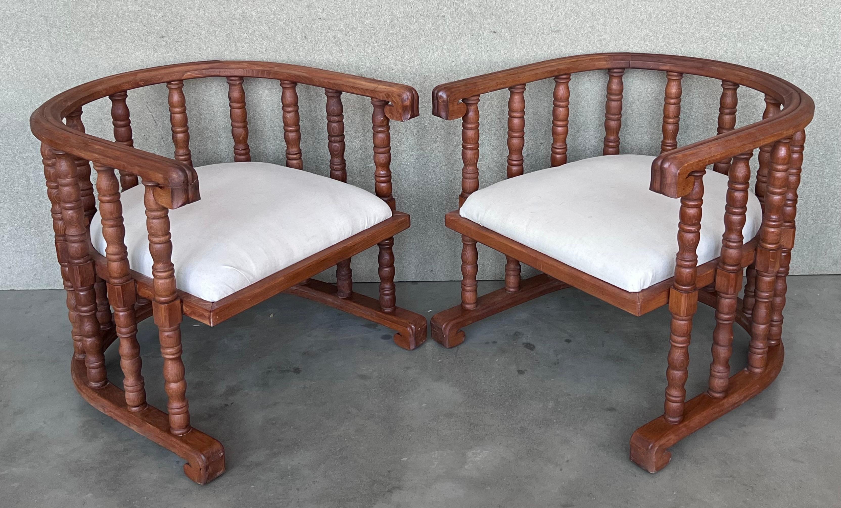 Pair of Spanish Slatted Barrel Back Hand Carved Chairs For Sale 1