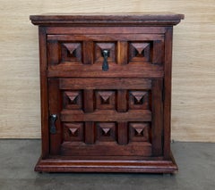 Pair of Spanish Solid Walnut Nightstands with Hand-Carved Geometric Panels