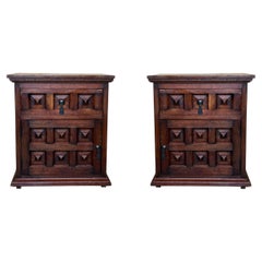 Pair of Spanish Solid Walnut Nightstands with Hand-Carved Geometric Panels