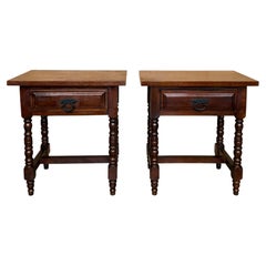 Pair of Spanish Solid Wood Nightstands with Turned Legs and Single Drawer