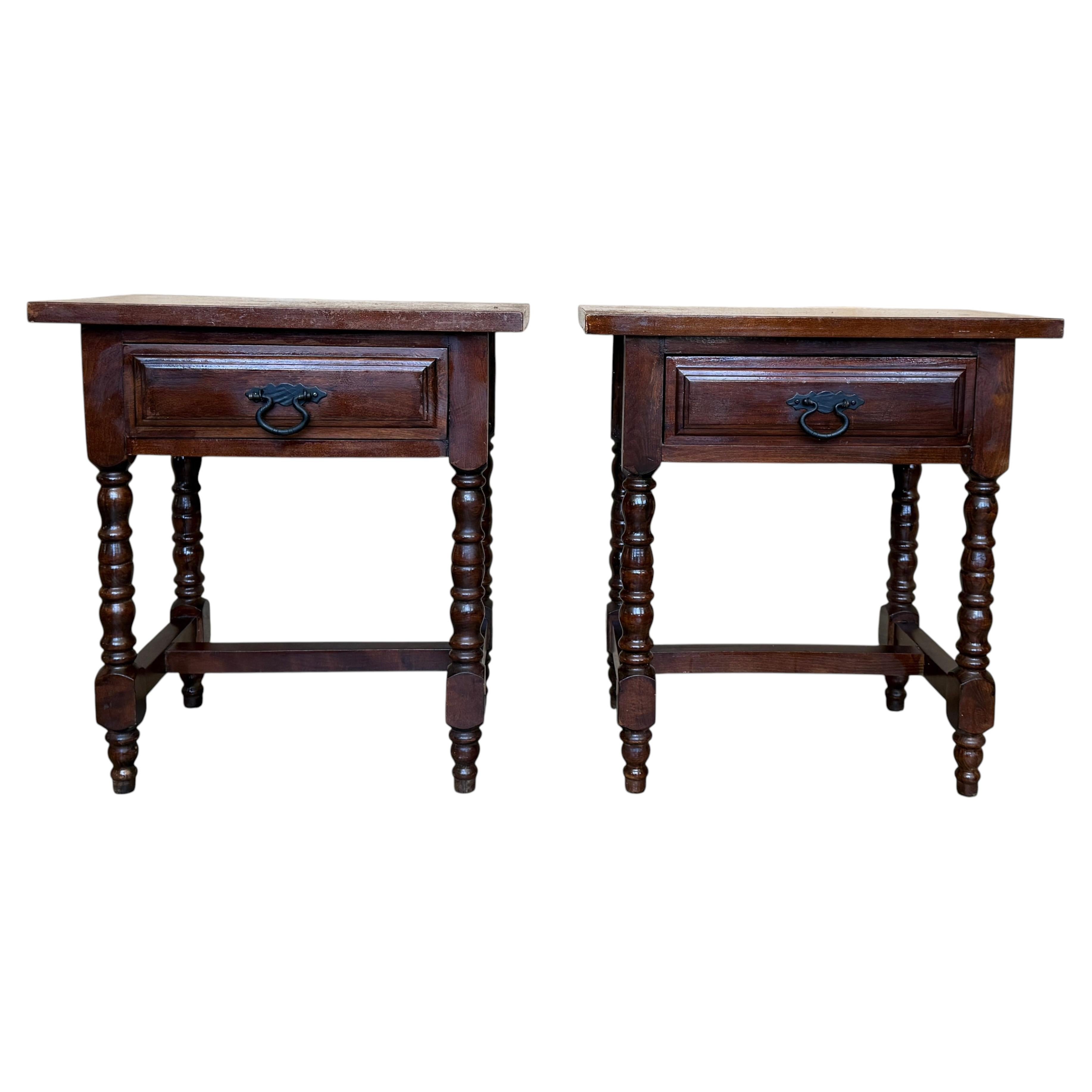 Pair of Spanish Solid Wood Nightstands with Turned Legs and Single Drawer
