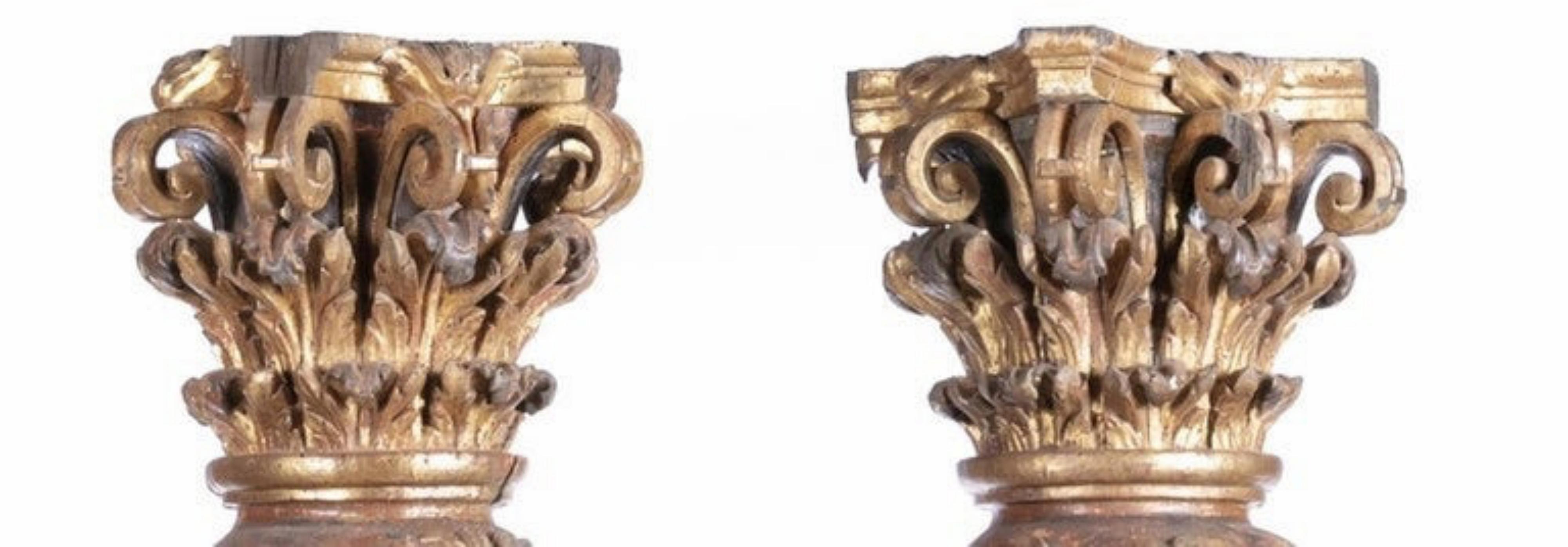 Pair of Spanish spiral columns
of the 17th century
in carved and gilded wood, decorated with plant elements, vines, bunches of grapes and birds.
Small flaws in polychrome
Dimension. Height: 220 cm.