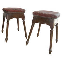 Antique Pair of Spanish square upholstered Baroque oak stools