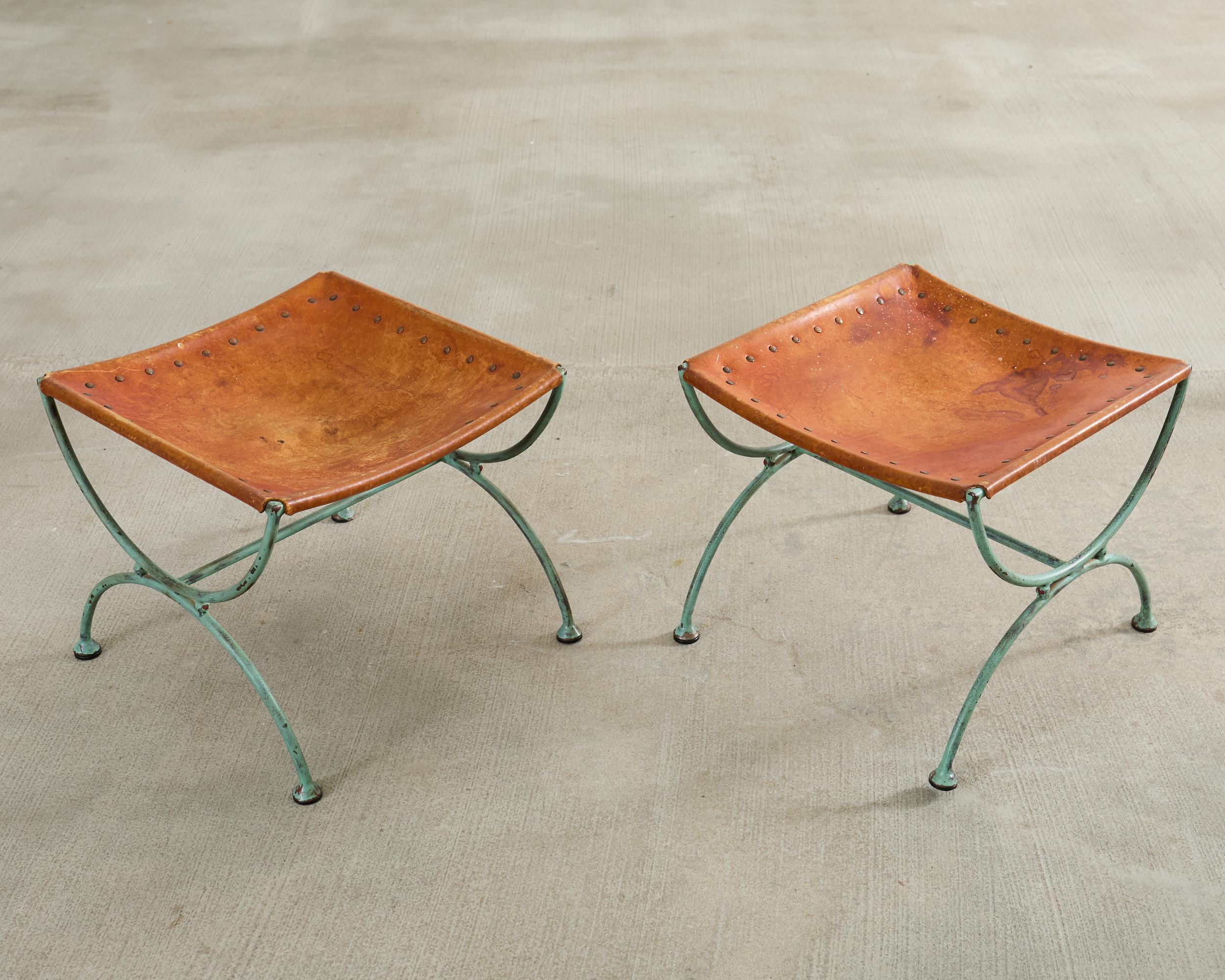 Pair of Spanish Style Iron Leather Curule Stool Benches For Sale 3