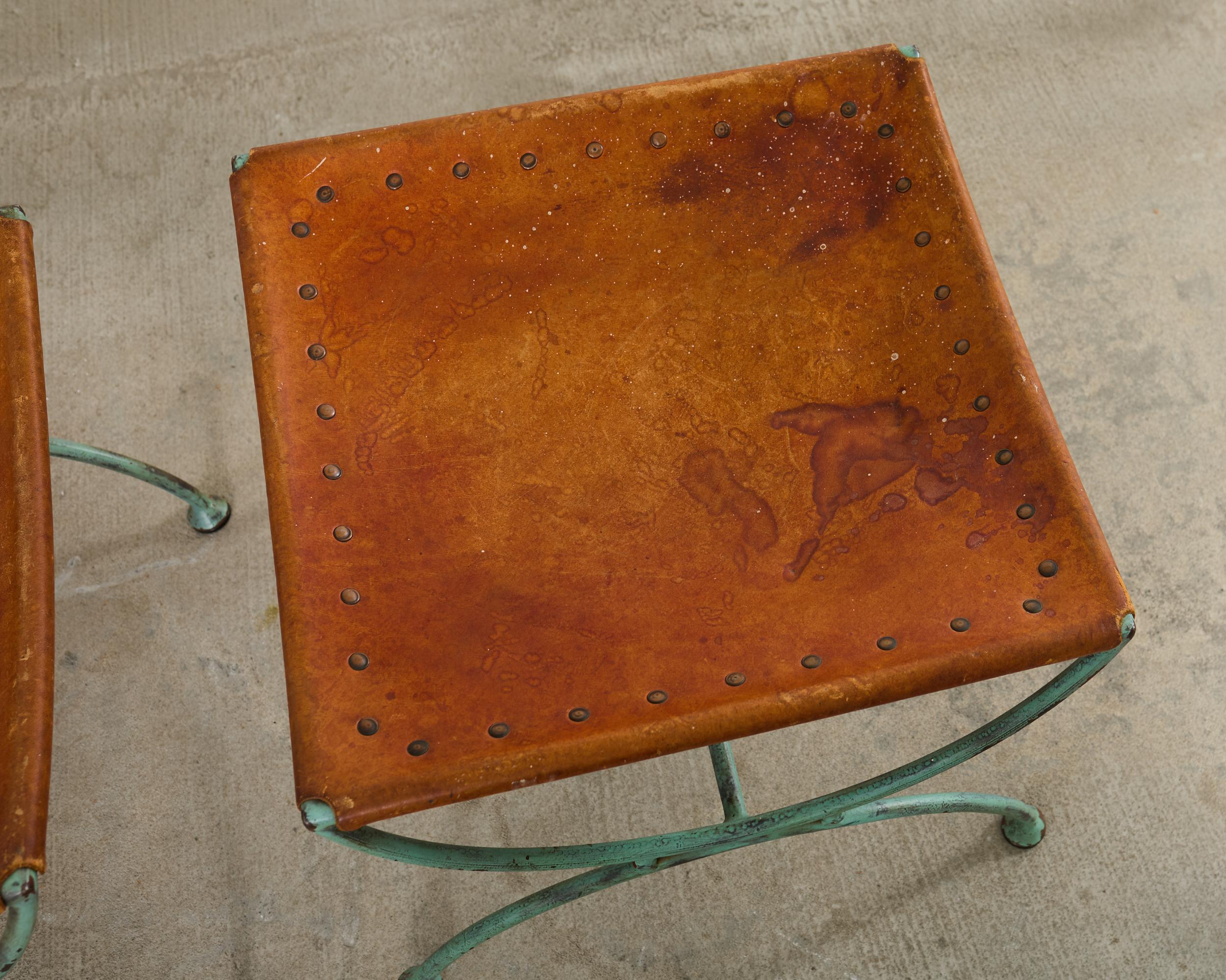 Pair of Spanish Style Iron Leather Curule Stool Benches For Sale 4