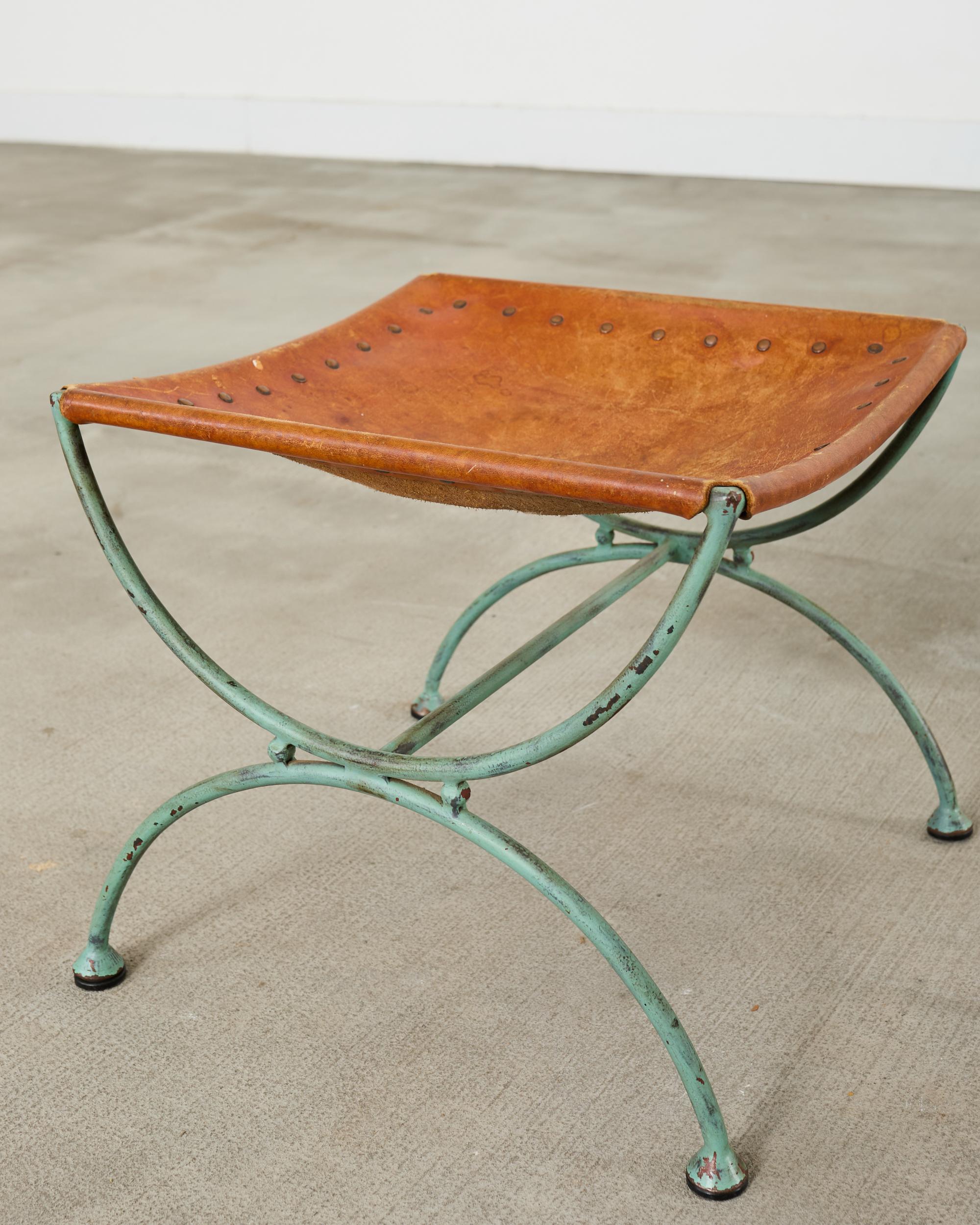 Pair of Spanish Style Iron Leather Curule Stool Benches For Sale 6
