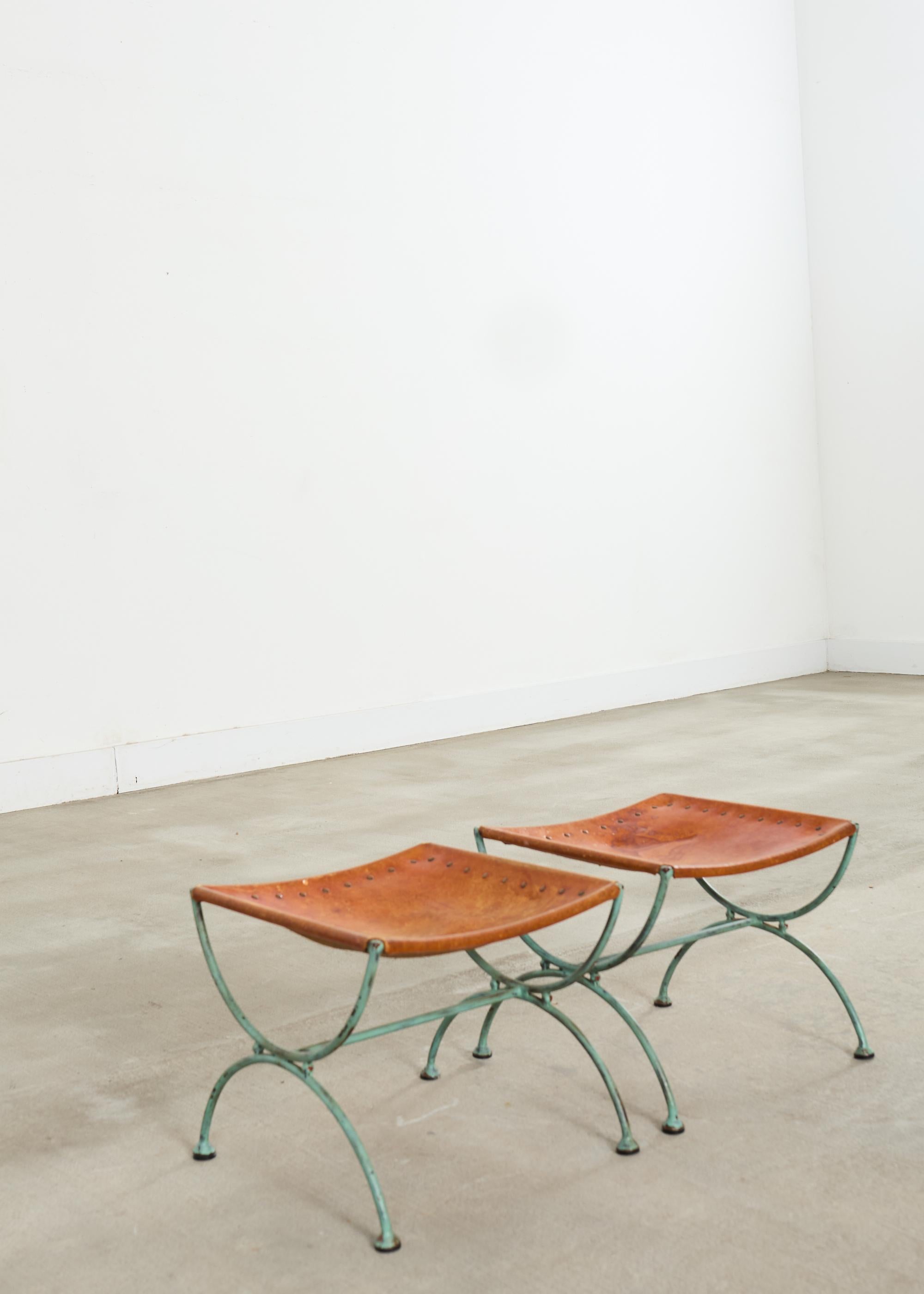 Pair of Spanish Style Iron Leather Curule Stool Benches For Sale 8